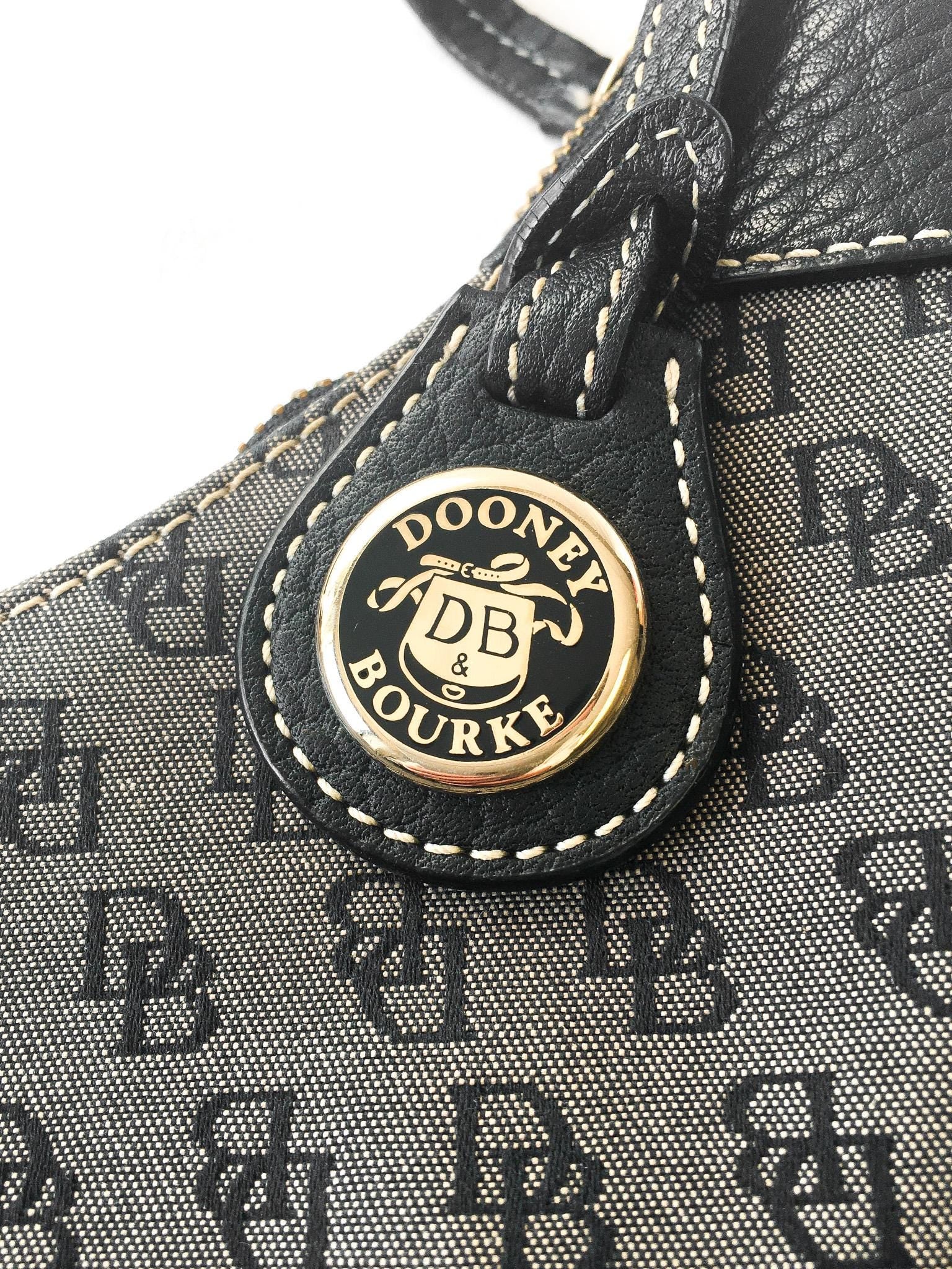 00s Dooney and Bourke Black/Gray Monogram Canvas Leather Trim Hobo Shoulder Bag, Y2K Dooney and Bourke Handbag