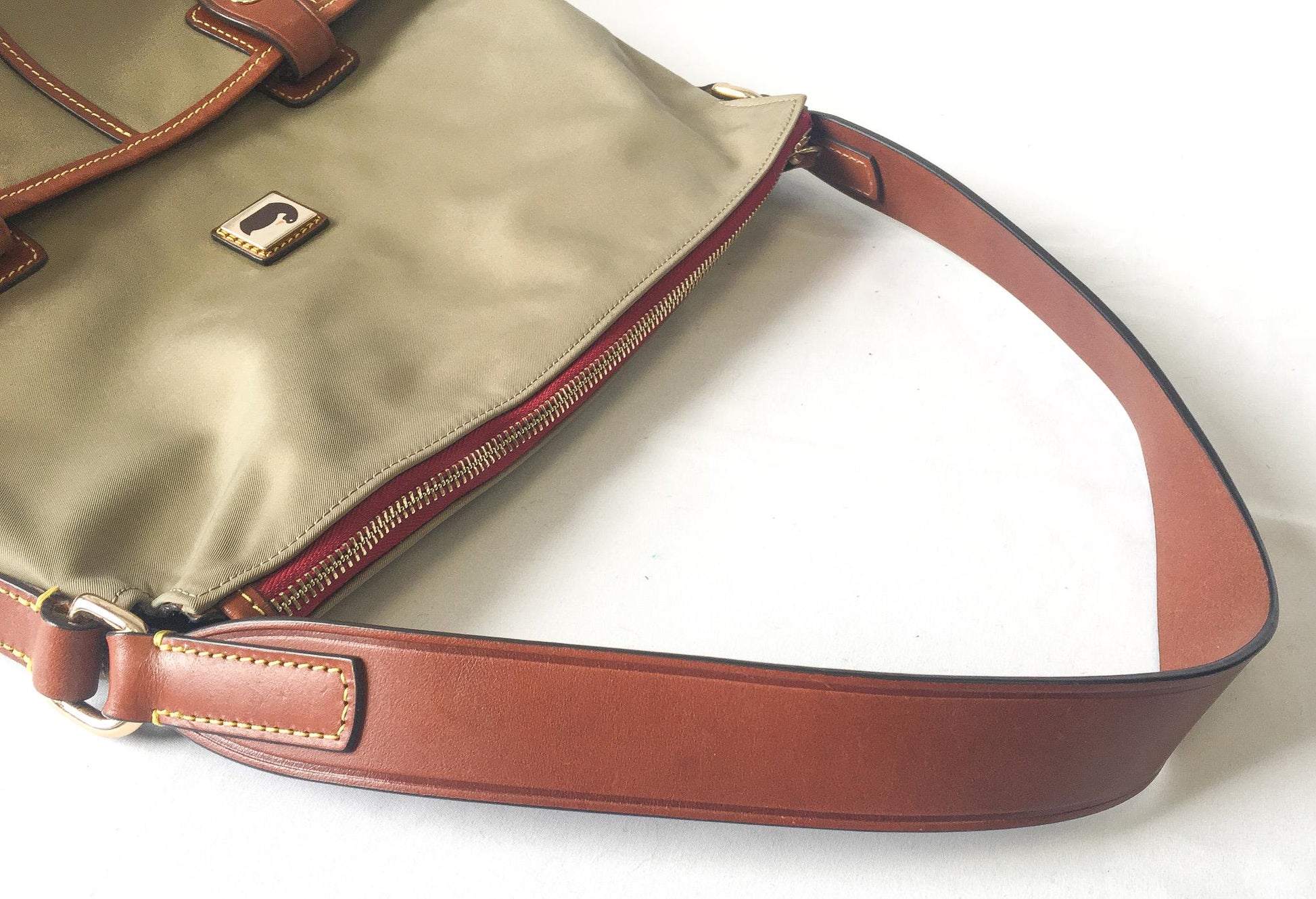 Vintage Inspired Dooney and Bourke Wayfarer Olive/Taupe/Khaki Nylon Sac Shoulder Bag Tote with Coin Pouch