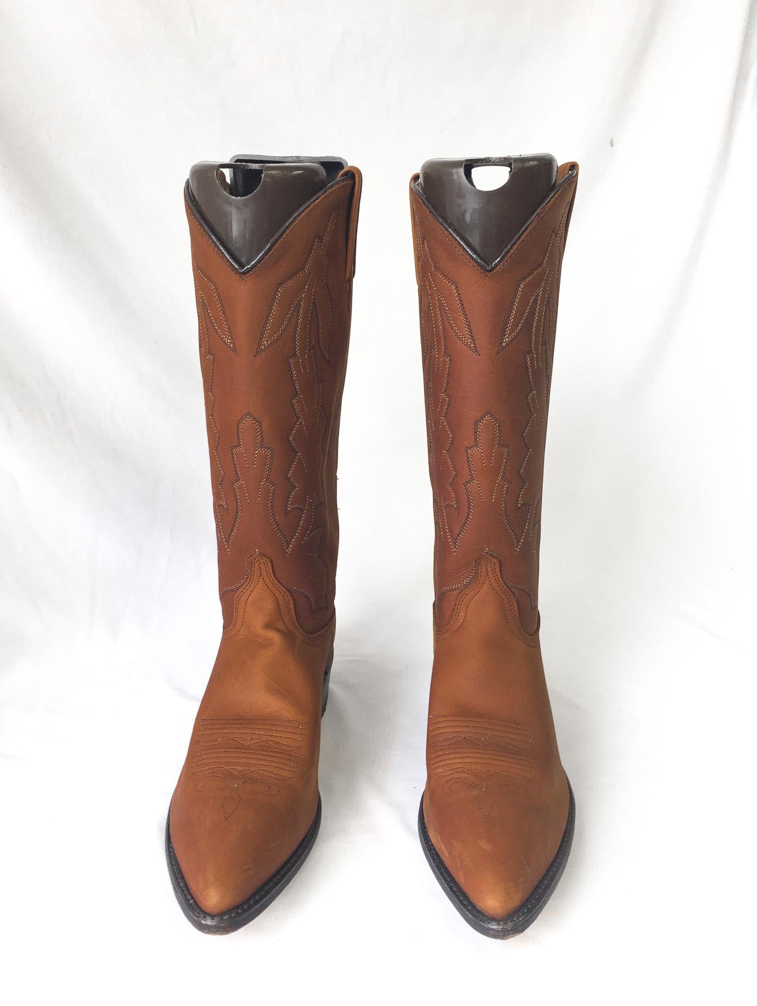 Vintage Dan Post Marlboro Edition Brown Embroidered Leather Cowboy Boots, in Original Box, Women's Sz. 9.5M, Vintage Western Boots