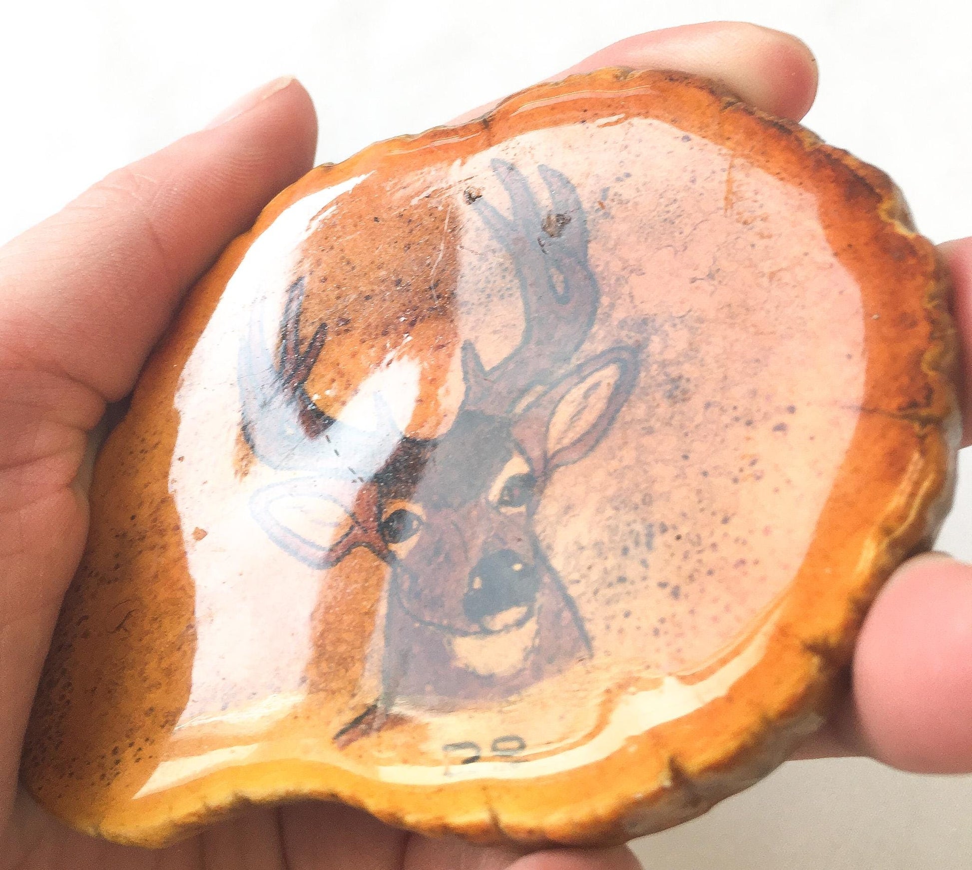 80s Handcrafted Orange Deer Wooden Enamel Finish Belt Buckle, Vintage Western Belt Buckle