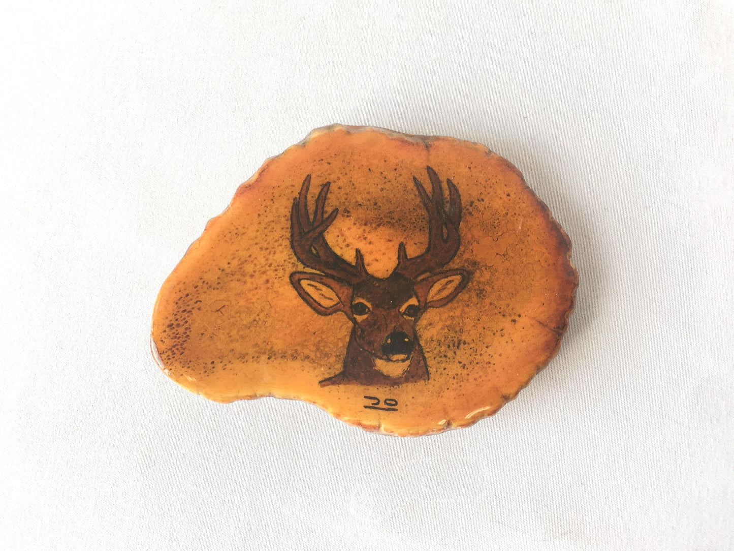 80s Handcrafted Orange Deer Wooden Enamel Finish Belt Buckle, Vintage Western Belt Buckle