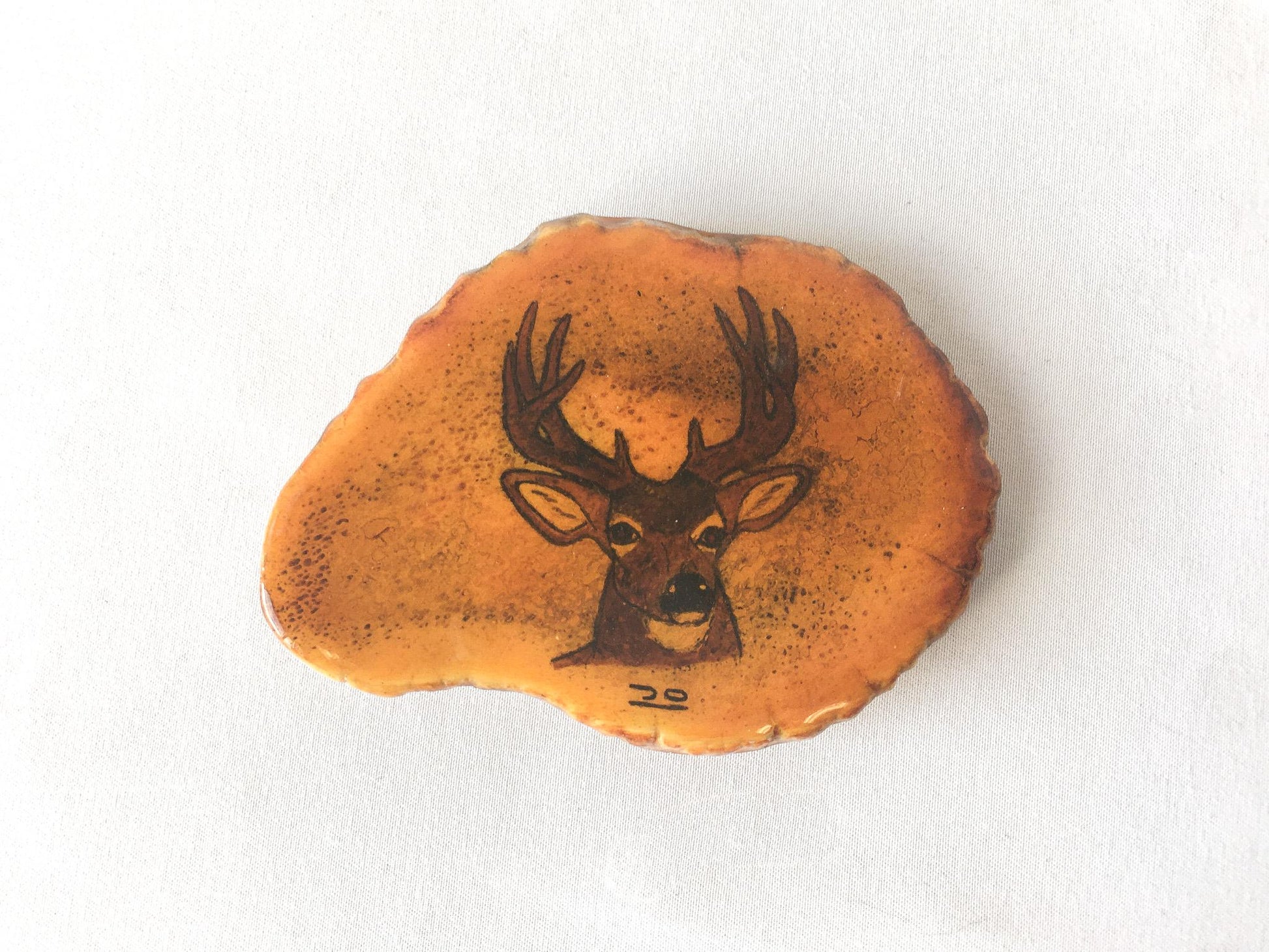80s Handcrafted Orange Deer Wooden Enamel Finish Belt Buckle, Vintage Western Belt Buckle