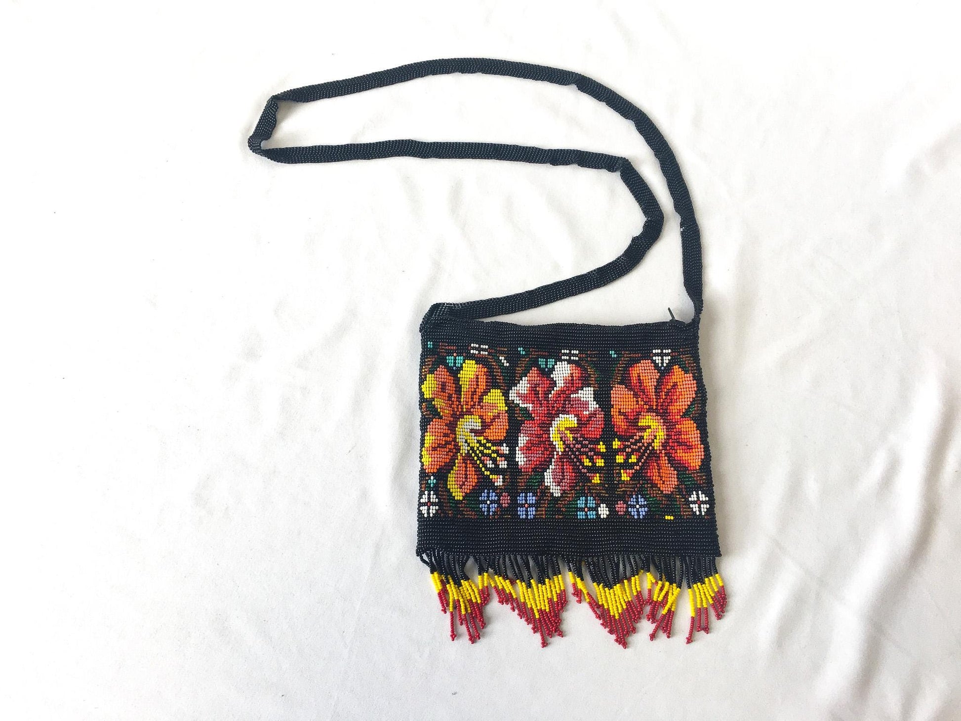 Vintage Black Multicolor Floral Beaded Fringe Crossbody Bag, Vintage Boho Handbag