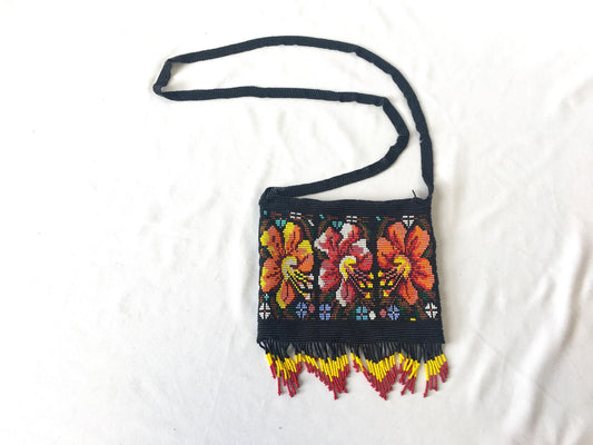 Vintage Black Multicolor Floral Beaded Fringe Crossbody Bag, Vintage Boho Handbag