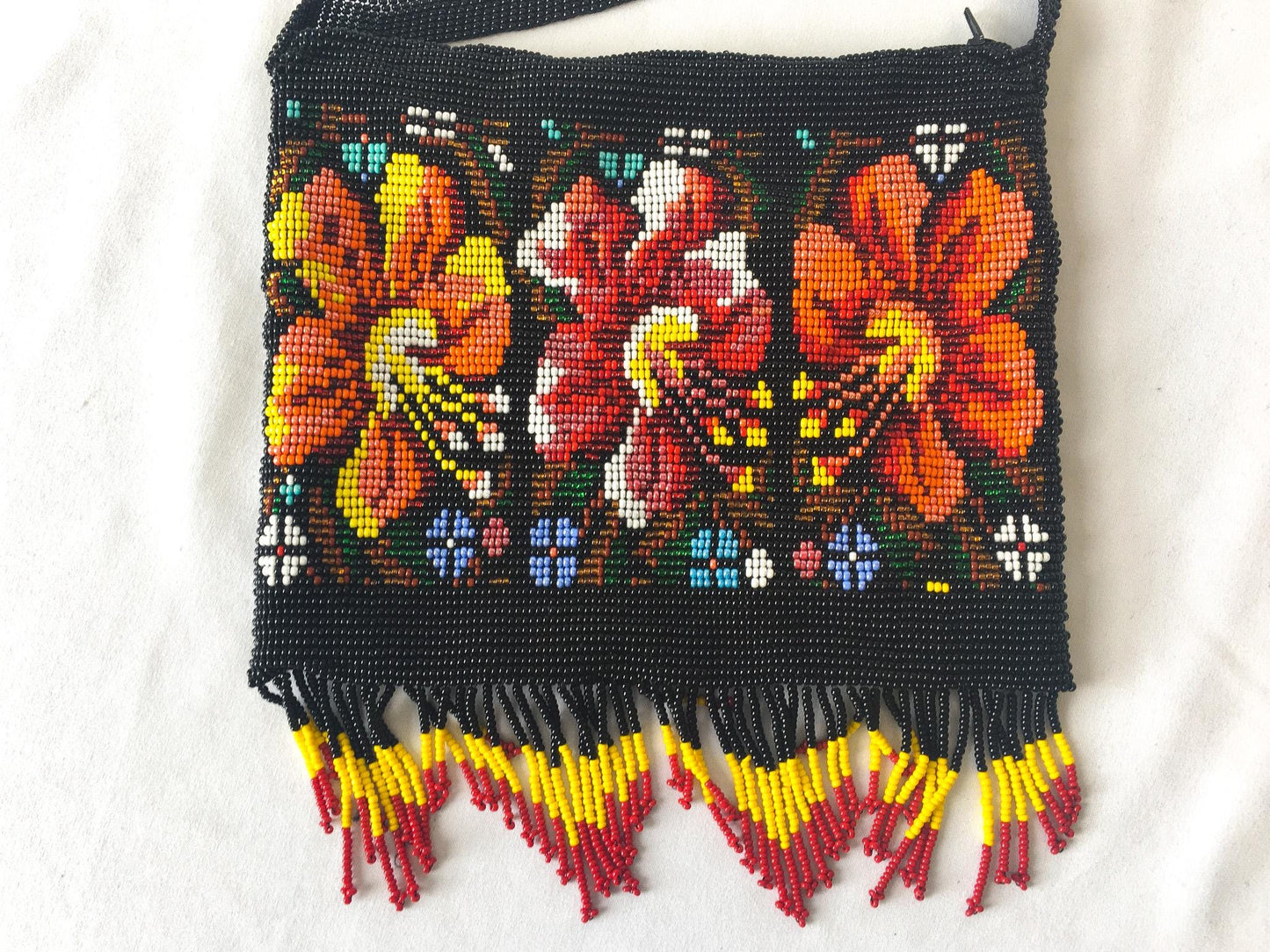 Vintage Black Multicolor Floral Beaded Fringe Crossbody Bag, Vintage Boho Handbag