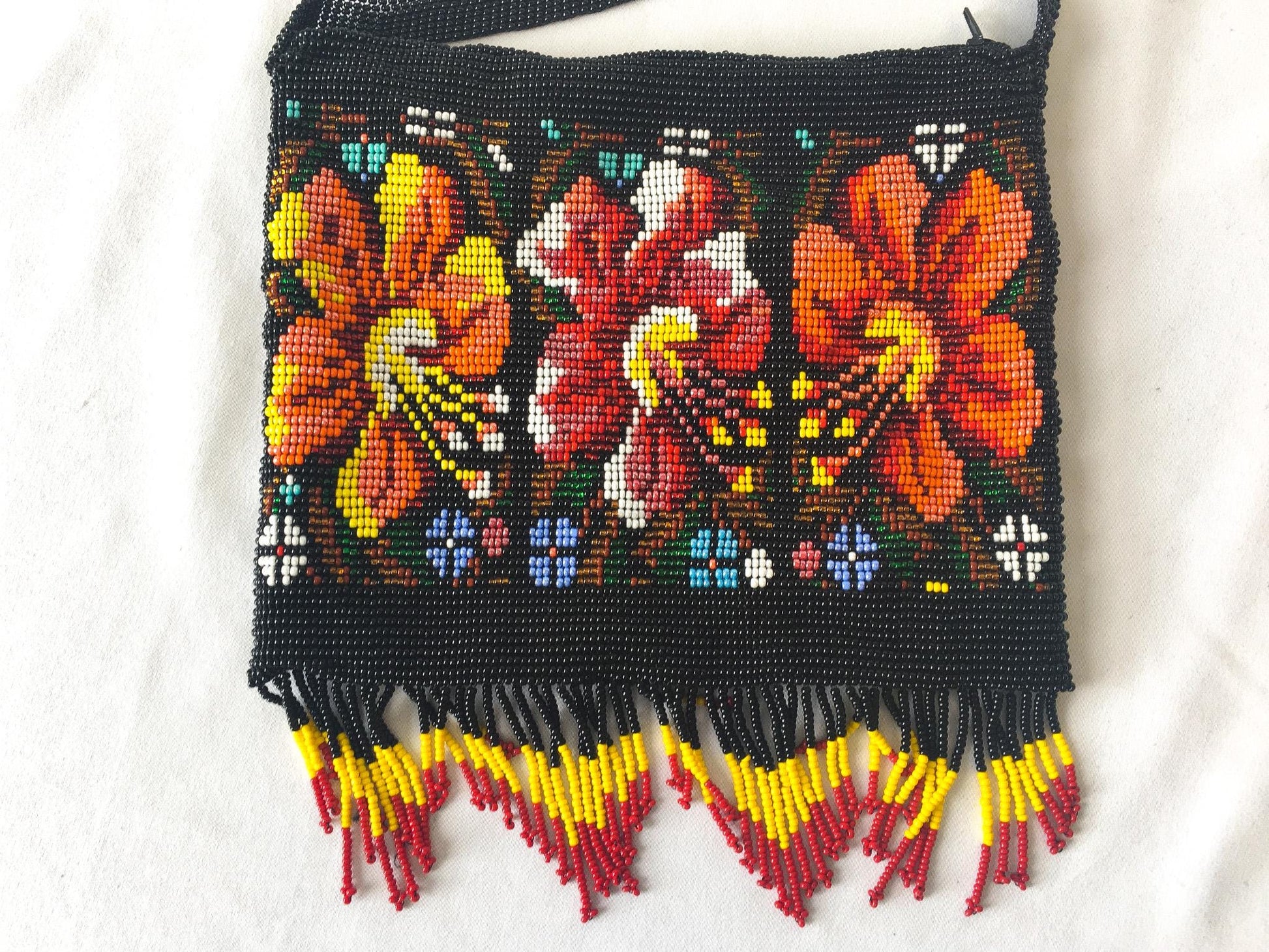 Vintage Black Multicolor Floral Beaded Fringe Crossbody Bag, Vintage Boho Handbag