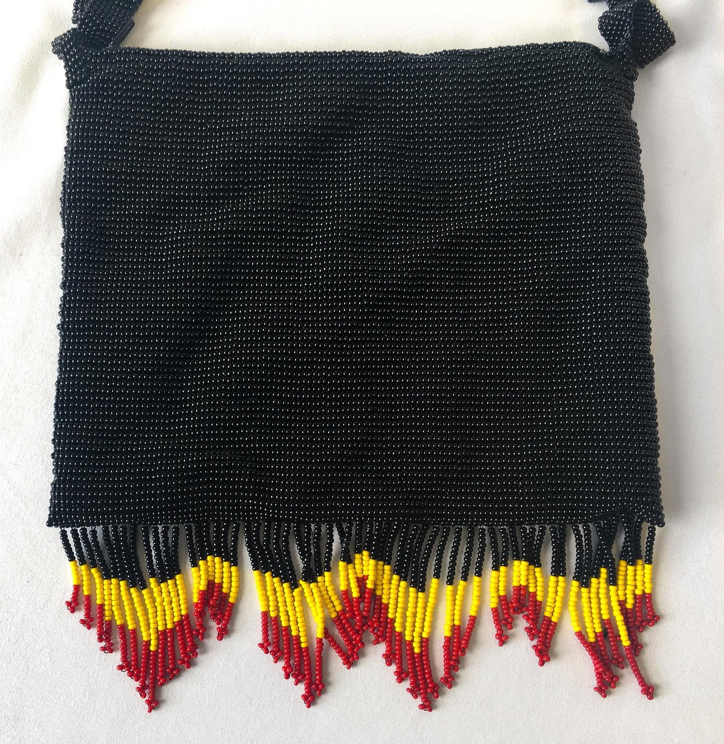 Vintage Black Multicolor Floral Beaded Fringe Crossbody Bag, Vintage Boho Handbag