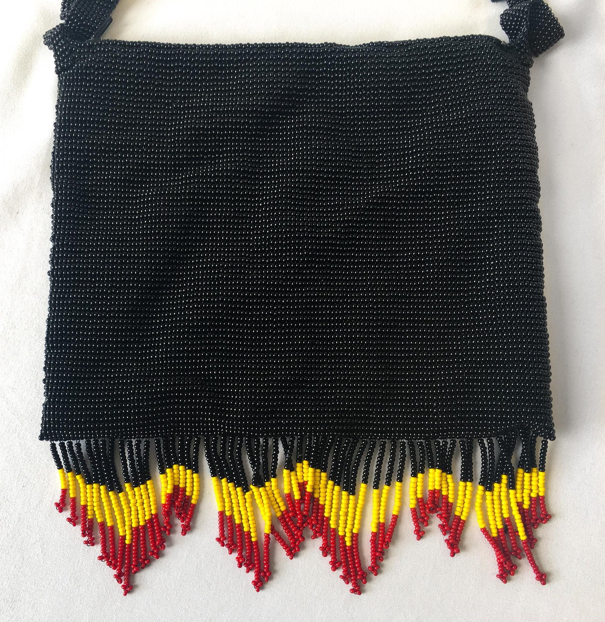 Vintage Black Multicolor Floral Beaded Fringe Crossbody Bag, Vintage Boho Handbag