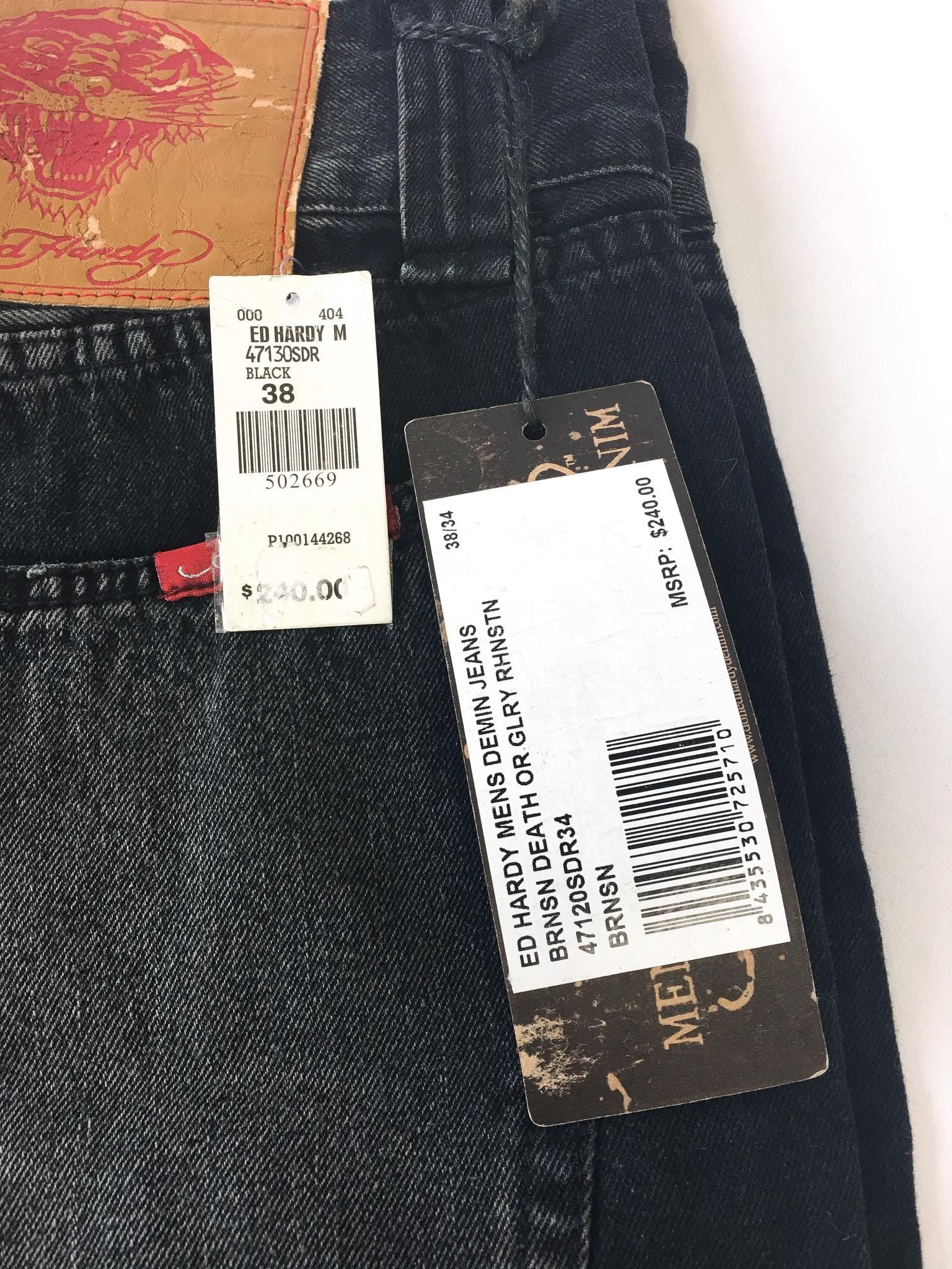 NWT Ed Hardy Black Rhinestone Tiger Straight Leg Jeans, Men's Sz. 38" x 31", Vintage Y2K 00s Jeans