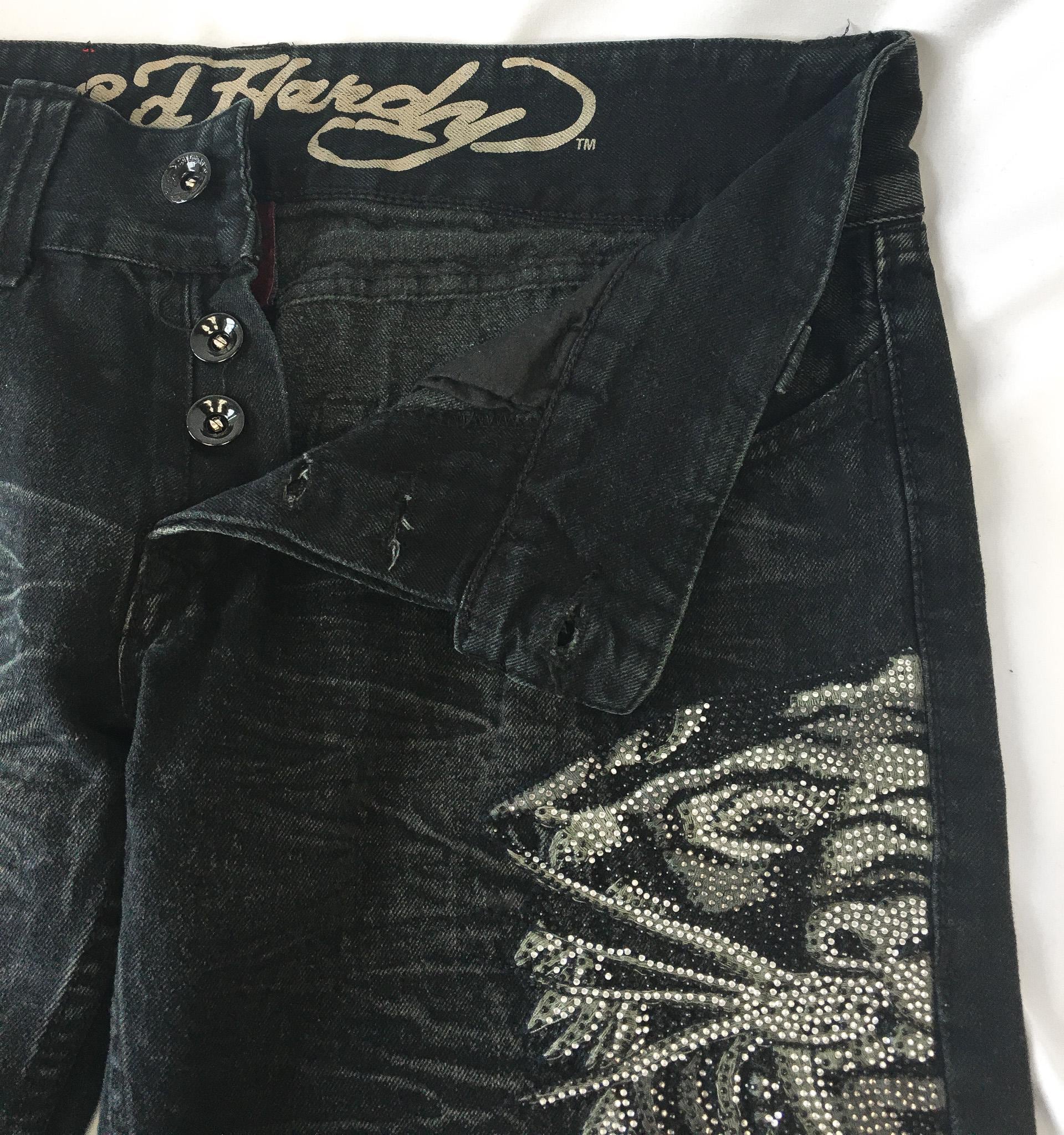 NWT Ed Hardy Black Rhinestone Tiger Straight Leg Jeans, Men's Sz. 38" x 31", Vintage Y2K 00s Jeans