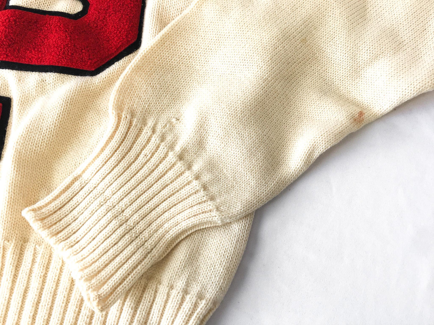 Vintage 50s Sand Knit Cream/Off-White Red "P" Letter V-Neck Wool Sweater, Women's Sz. 40, Vintage Preppy Sweater
