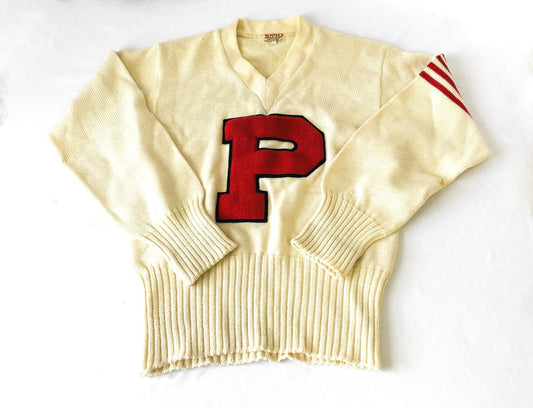 Vintage 50s Sand Knit Cream/Off-White Red "P" Letter V-Neck Wool Sweater, Women's Sz. 40, Vintage Preppy Sweater