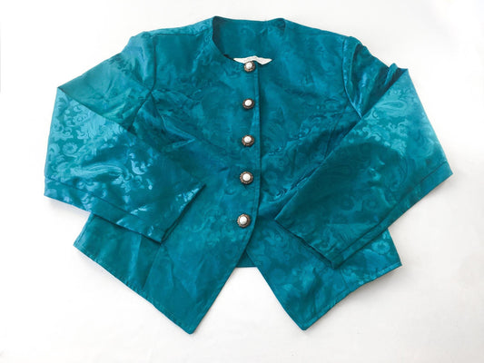 Vintage 80s Blair Boutique Teal Floral Paisley Print Pearl Button Blazer, Women's Sz. XS-S