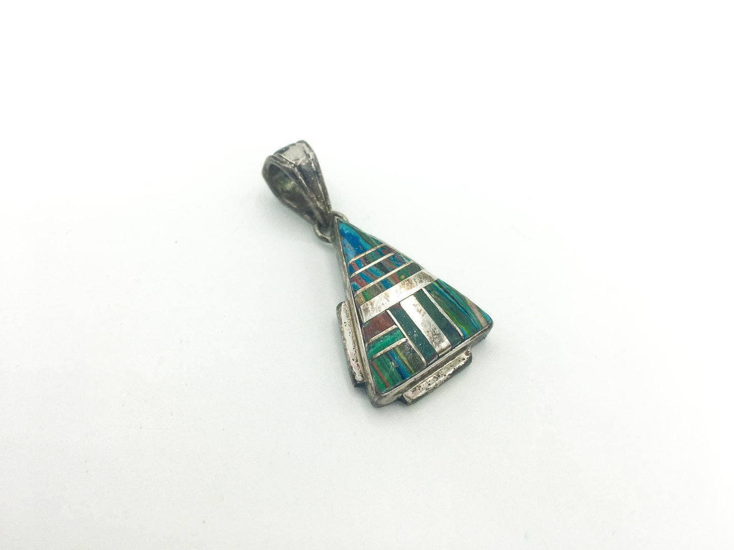 Vintage Alfred Martinez Navajo Multicolor Triangle Sterling Silver Pendant, Vintage Navajo Jewelry