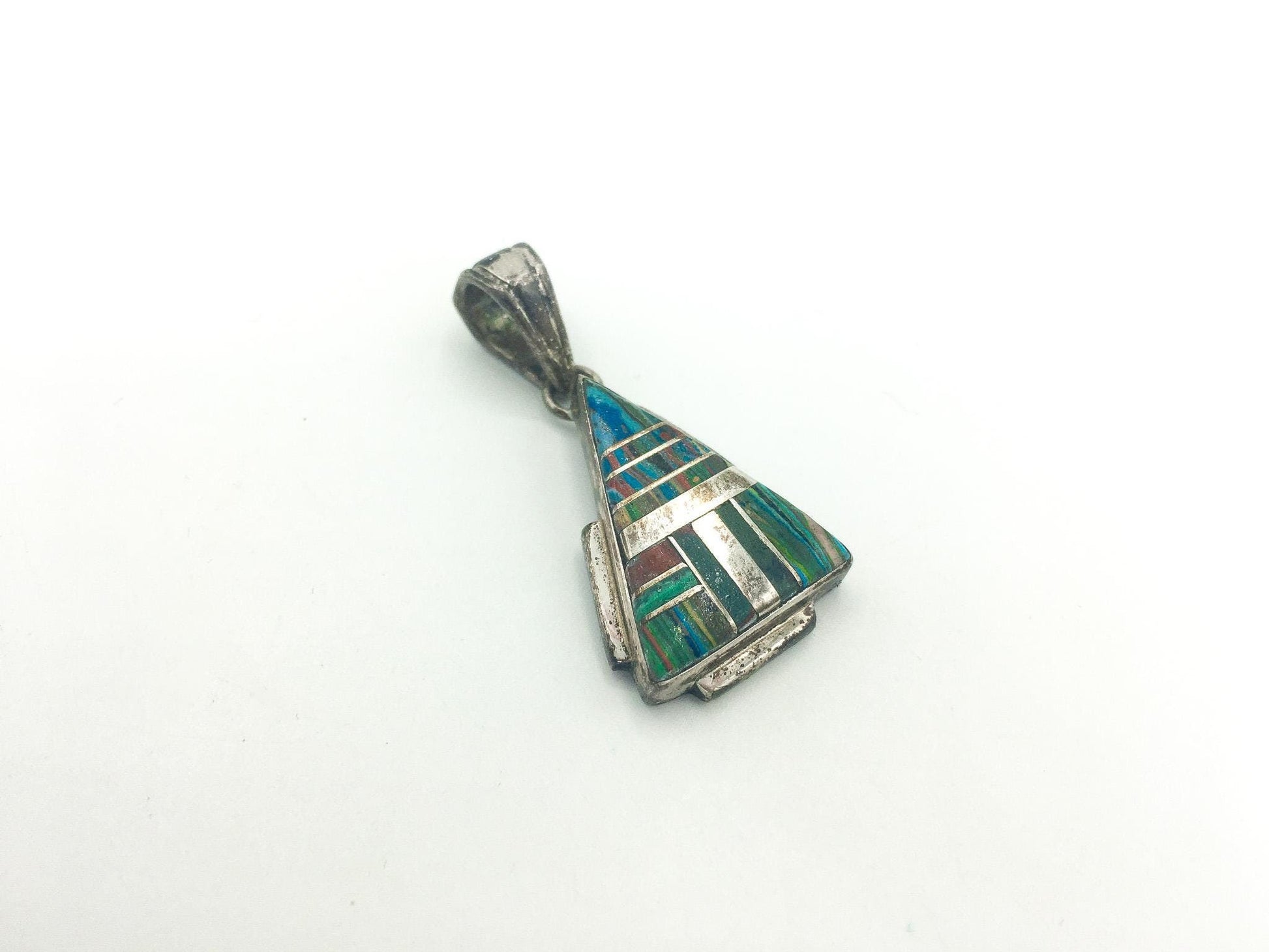 Vintage Alfred Martinez Navajo Multicolor Triangle Sterling Silver Pendant, Vintage Navajo Jewelry