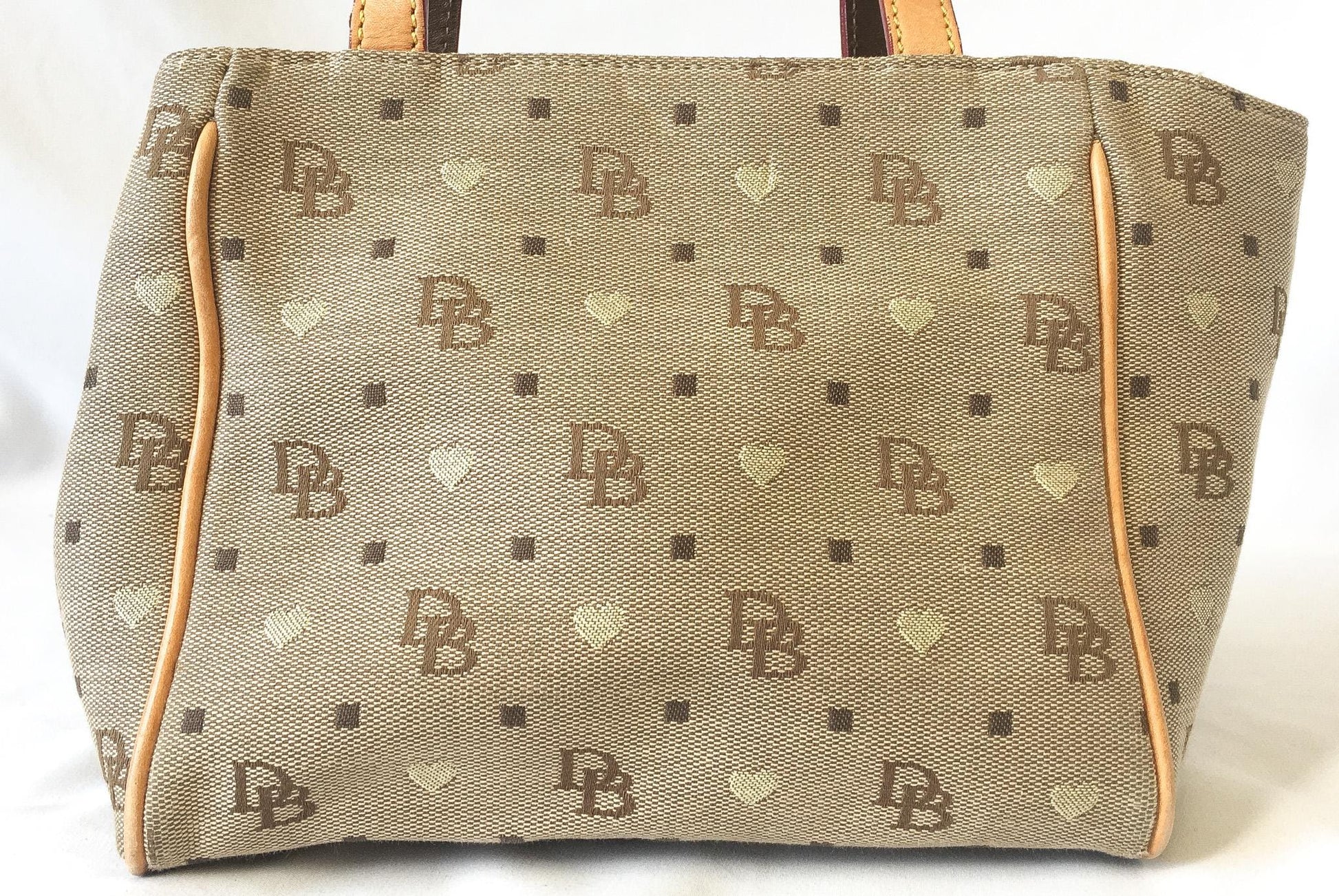 00s Dooney and Bourke Beige/Taupe Monogram Heart Canvas Top Handle Bag with Detachable Crossbody Strap, Y2K Dooney and Bourke Handbag