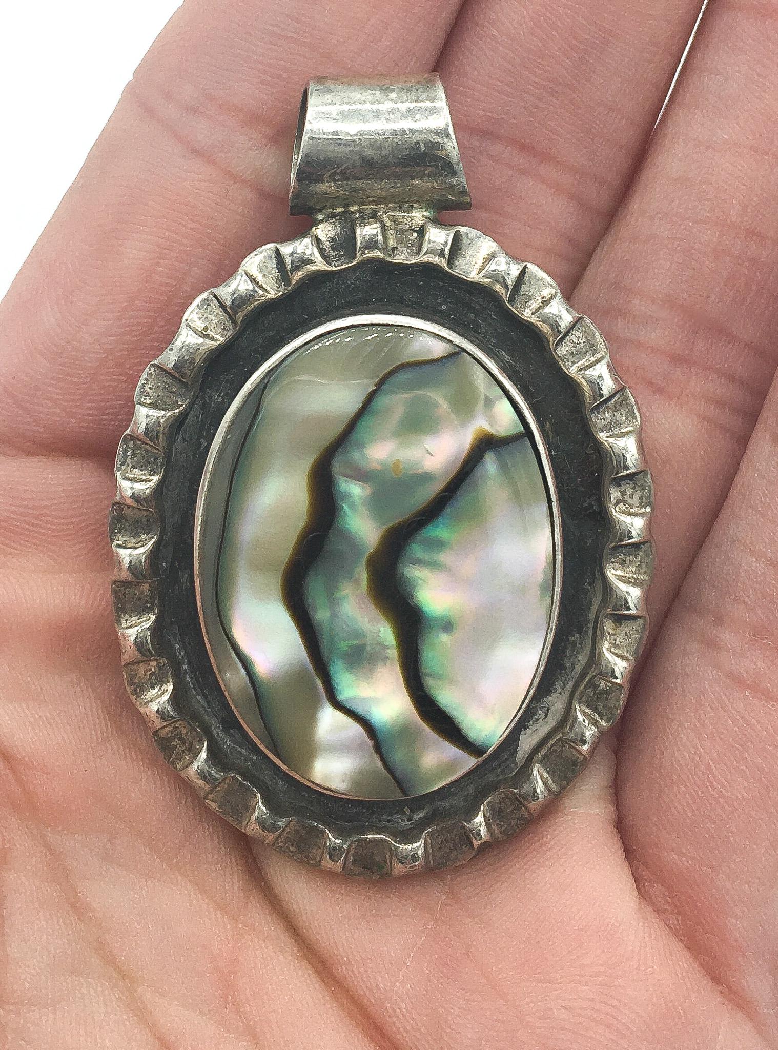 Vintage Mexico 925 Sterling Silver Abalone Shell Slide Pendant, Vintage Boho Style Pendant Jewelry