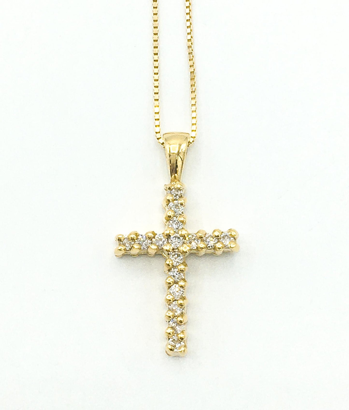 18K Yellow Gold and Diamond Cross Pendant on 18K Italy 18" Box Chain, Simple Everyday Layering Cross Necklace