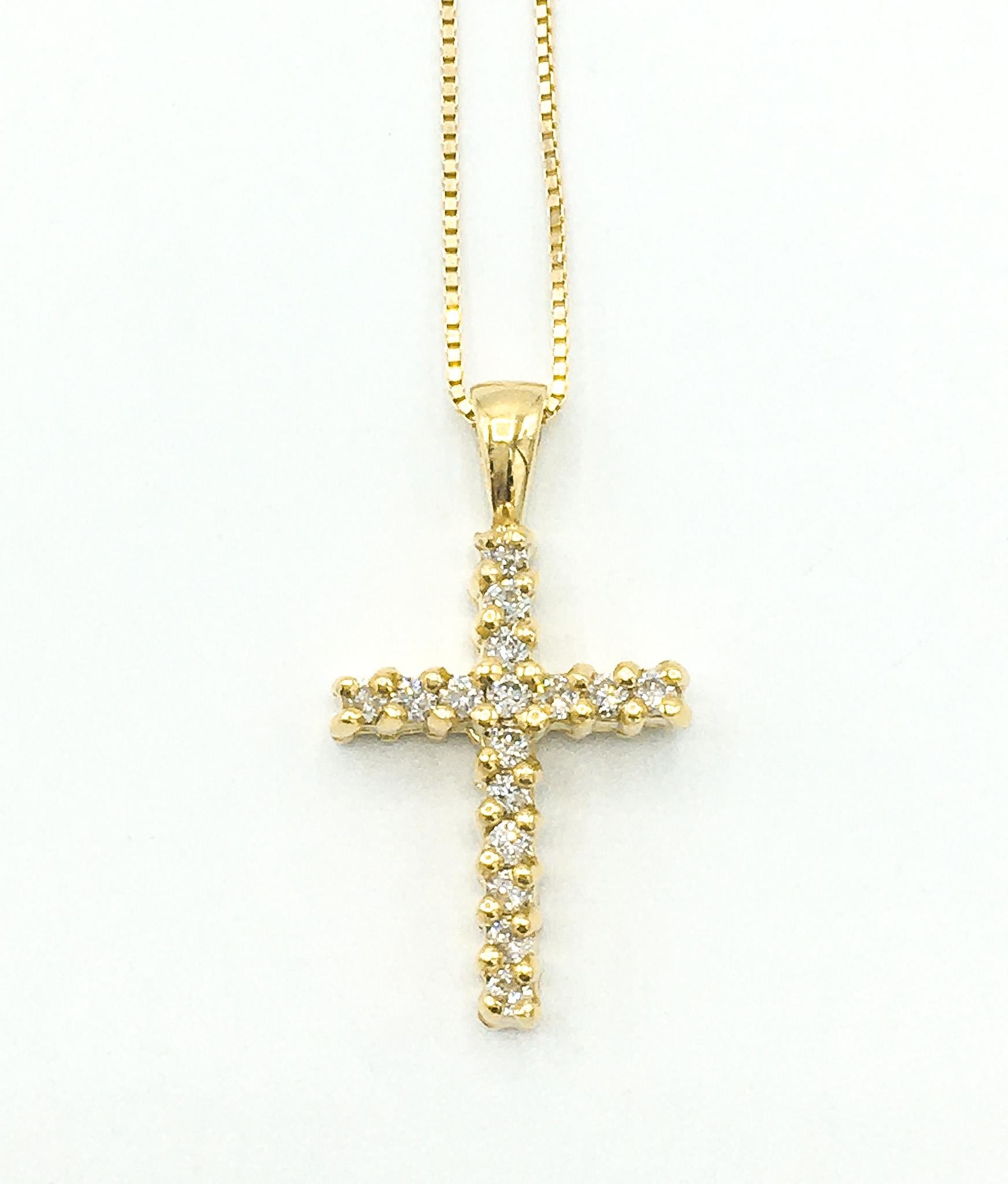 18K Yellow Gold and Diamond Cross Pendant on 18K Italy 18" Box Chain, Simple Everyday Layering Cross Necklace