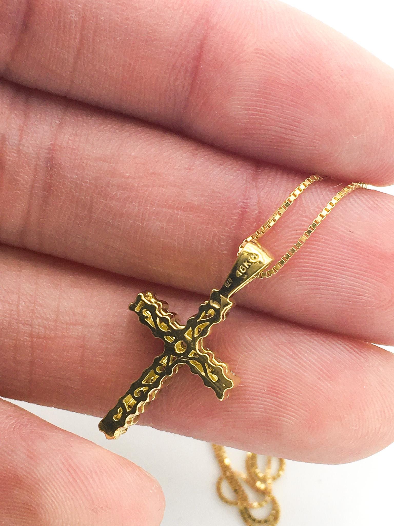 18K Yellow Gold and Diamond Cross Pendant on 18K Italy 18" Box Chain, Simple Everyday Layering Cross Necklace