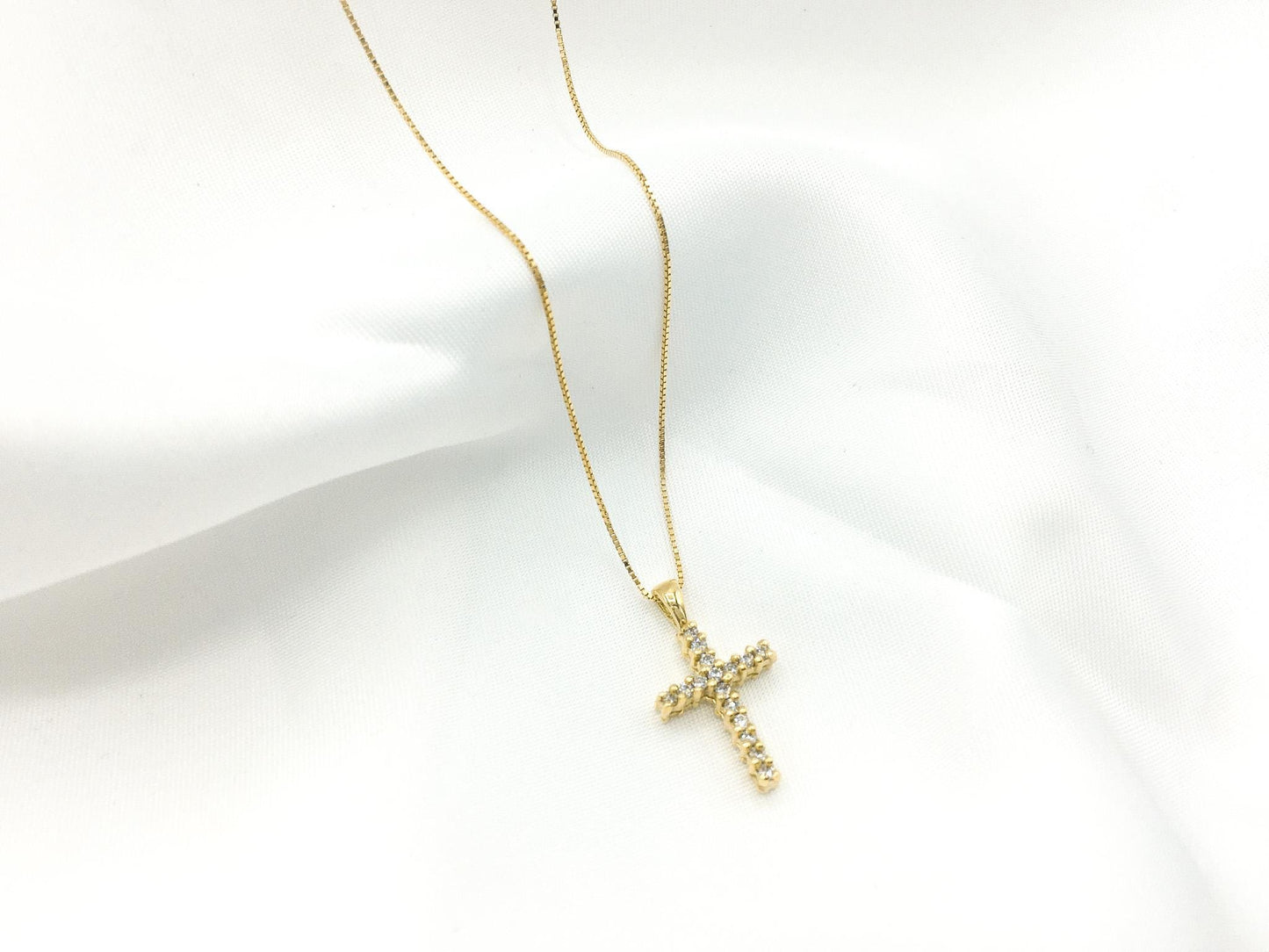 18K Yellow Gold and Diamond Cross Pendant on 18K Italy 18" Box Chain, Simple Everyday Layering Cross Necklace