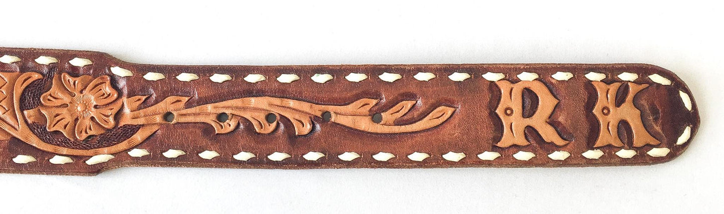 Vintage J2 Rancher "Ron" Name Tooled Floral Leather Belt with Comstock Horse Rider Buckle, Sz. 33"-36", Vintage Western Belt
