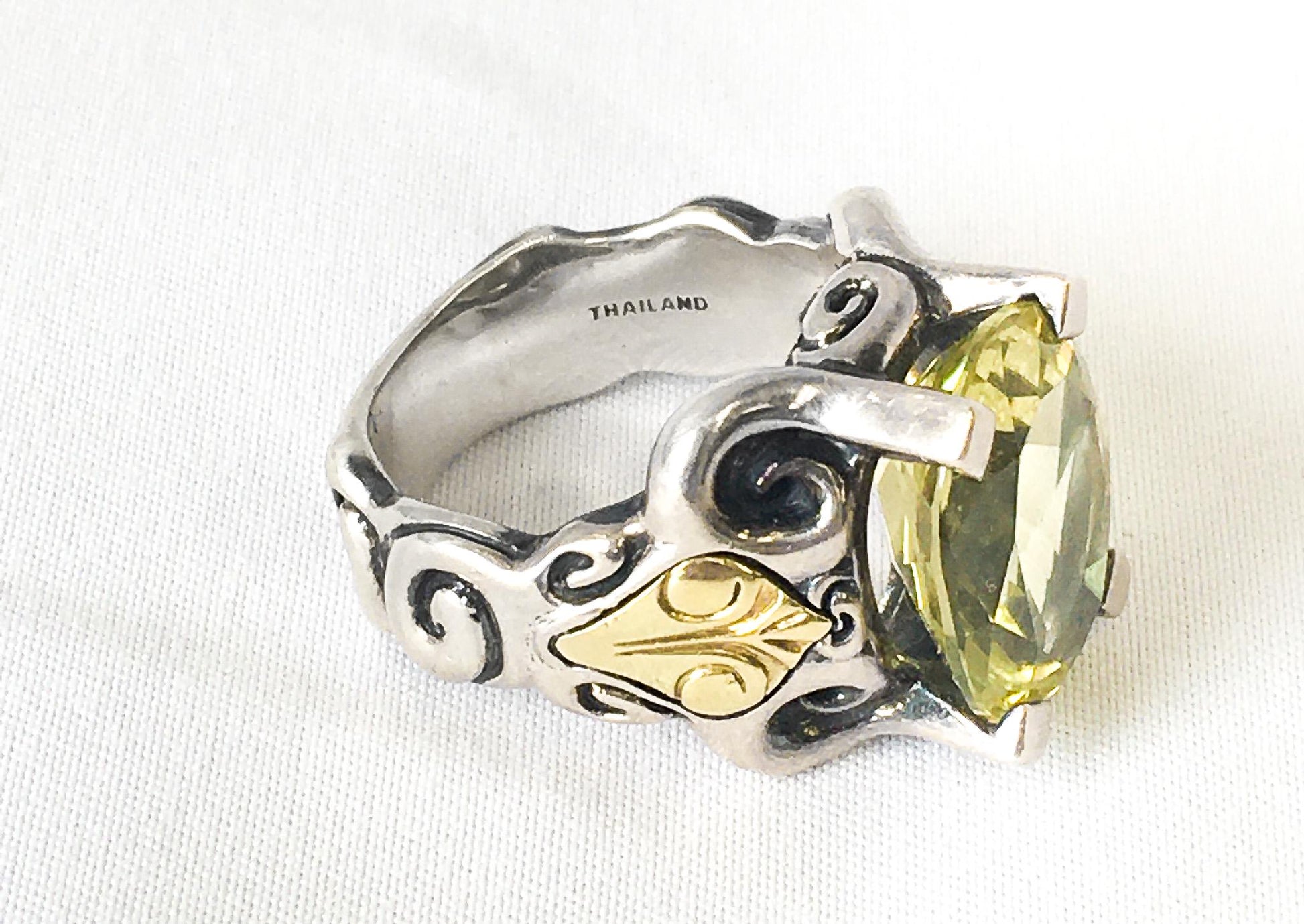 18K and Sterling Silver Ann King Citrine Cocktail Ring, Sz. 6.75/7, Vintage Art Deco Statement Ring