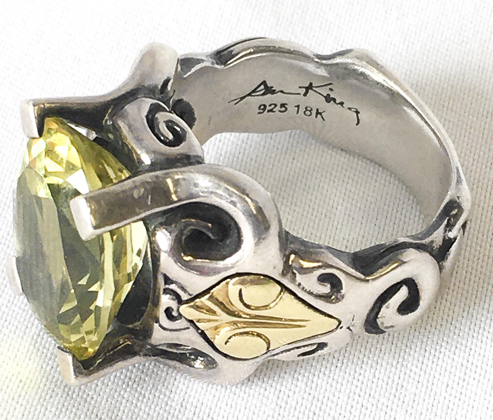 18K and Sterling Silver Ann King Citrine Cocktail Ring, Sz. 6.75/7, Vintage Art Deco Statement Ring