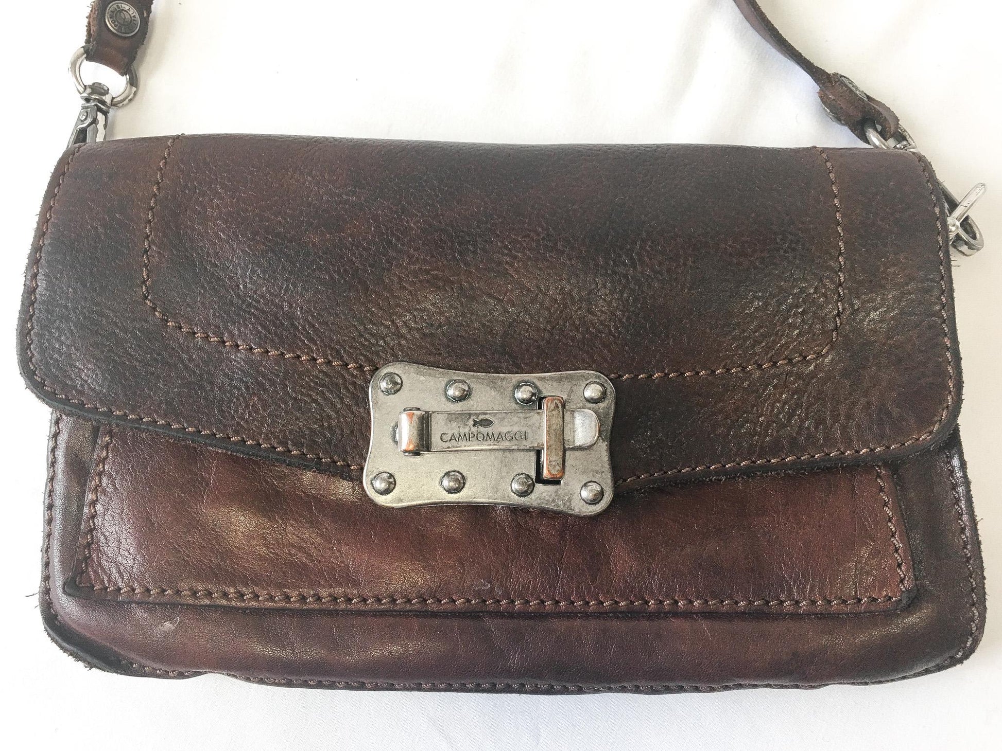 Vintage Inspired Campomaggi Two Toned Brown Leather Studded Crossbody Bag, Vintage Western Handbag