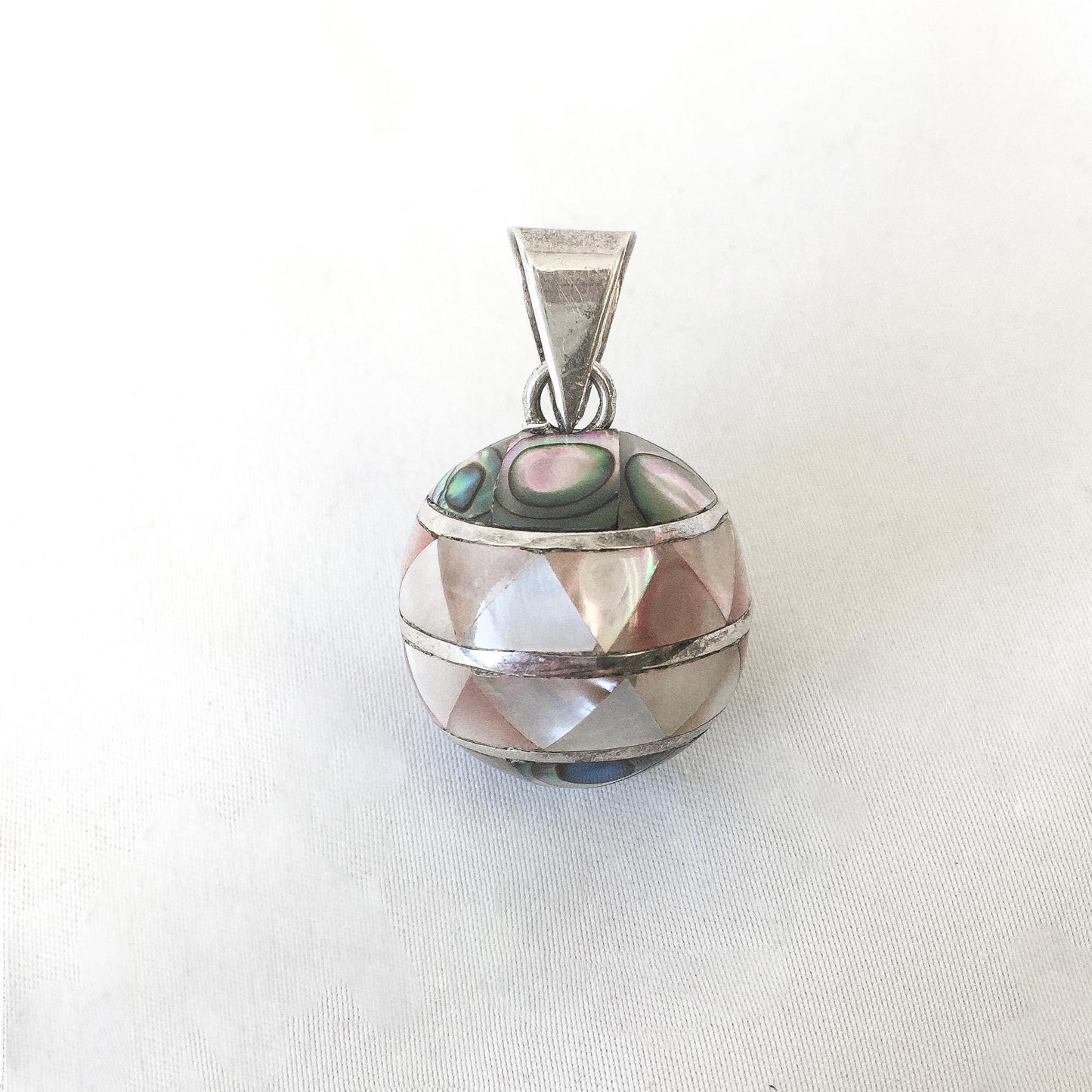 Vintage JRI 925 Mother of Pearl Abalone Chime Bell Sphere Pendant, Unique Coastal Boho Style Jewelry