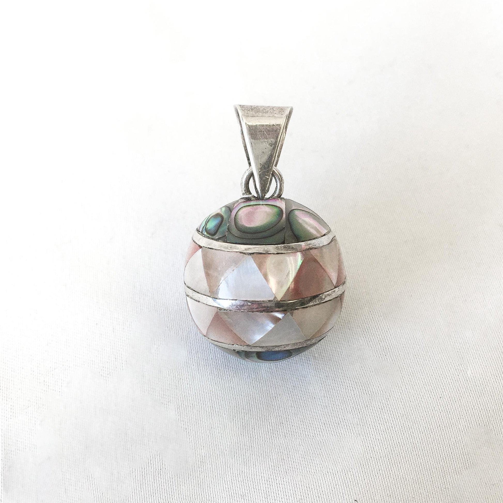 Vintage JRI 925 Mother of Pearl Abalone Chime Bell Sphere Pendant, Unique Coastal Boho Style Jewelry