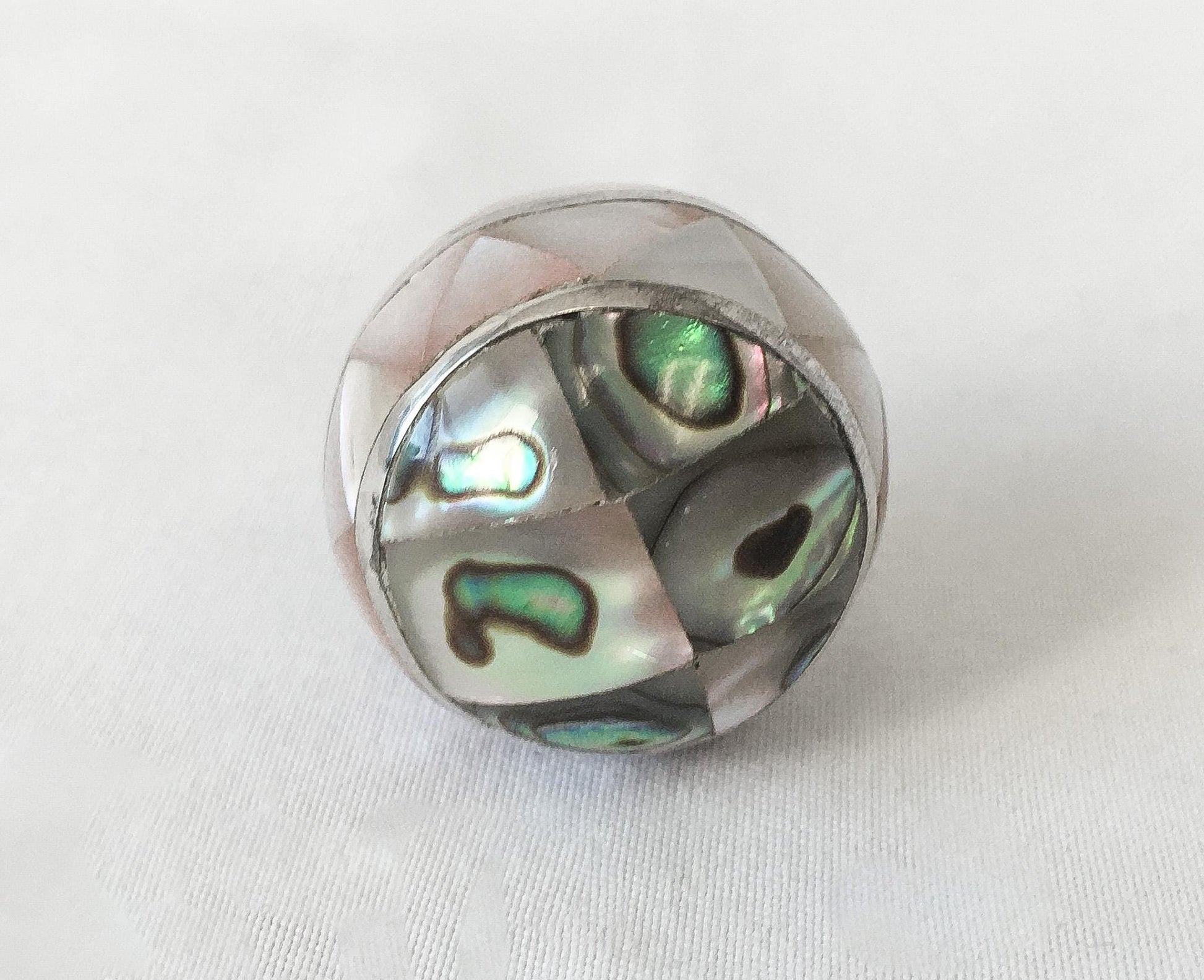 Vintage JRI 925 Mother of Pearl Abalone Chime Bell Sphere Pendant, Unique Coastal Boho Style Jewelry