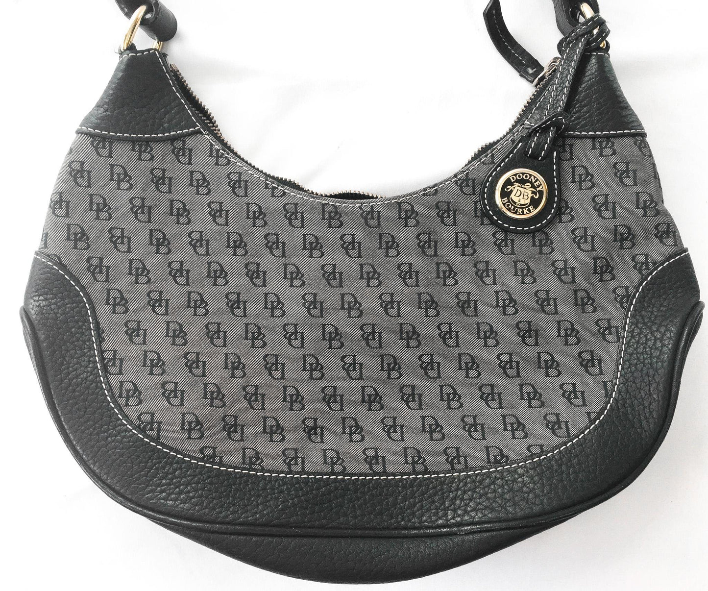 00s Dooney and Bourke Black/Gray Monogram Canvas Leather Trim Hobo Shoulder Bag, Y2K Dooney and Bourke Handbag