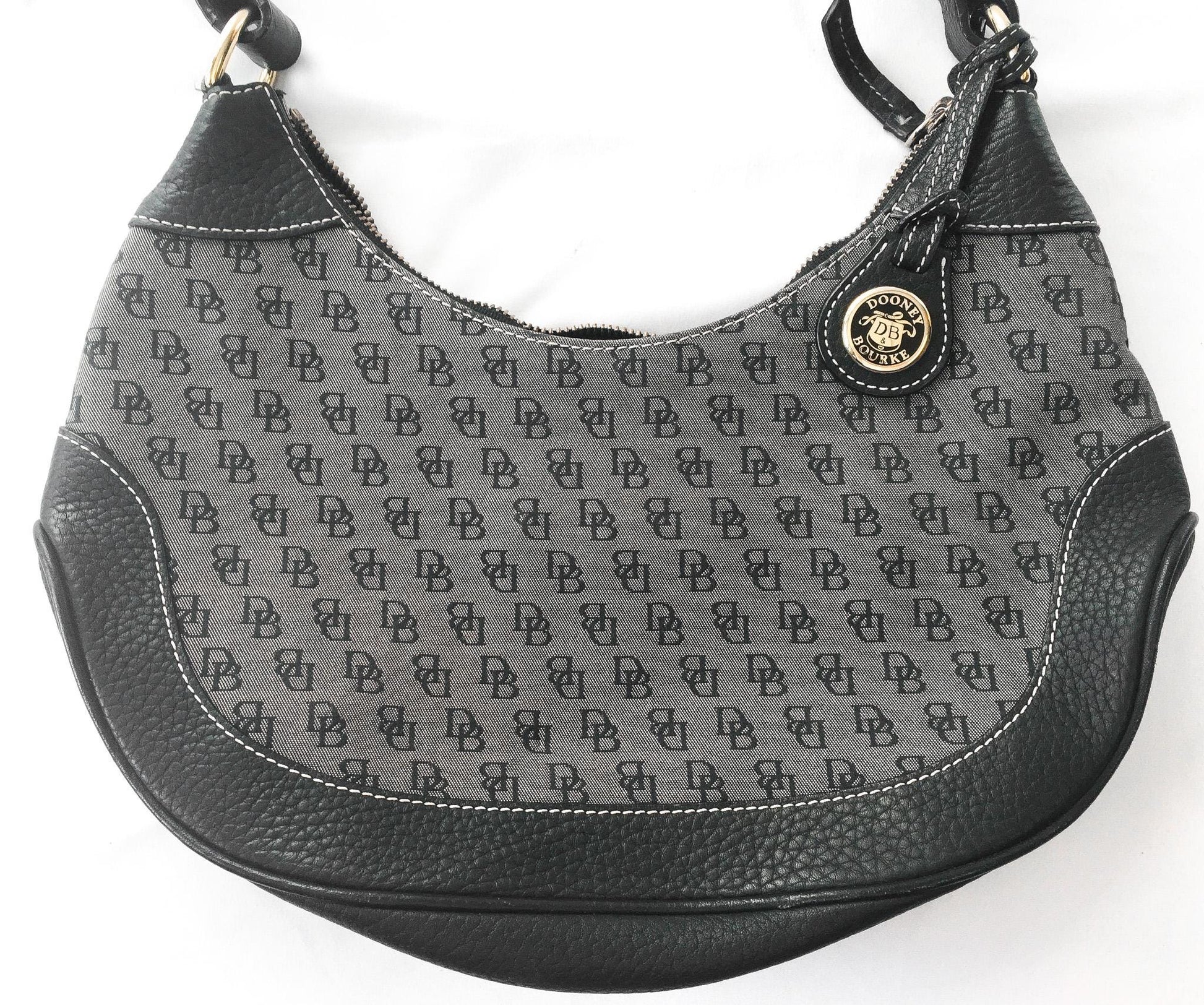 00s Dooney and Bourke Black/Gray Monogram Canvas Leather Trim Hobo Shoulder Bag, Y2K Dooney and Bourke Handbag