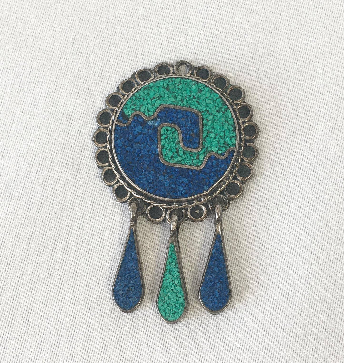 Vintage 925 Mexico Malachite and Turquoise Chip Inlay Pendant, Vintage Western Boho Navajo Jewelry