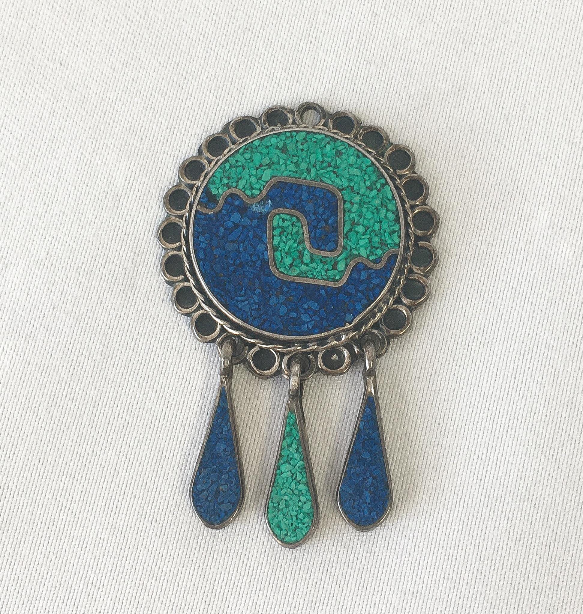 Vintage 925 Mexico Malachite and Turquoise Chip Inlay Pendant, Vintage Western Boho Navajo Jewelry