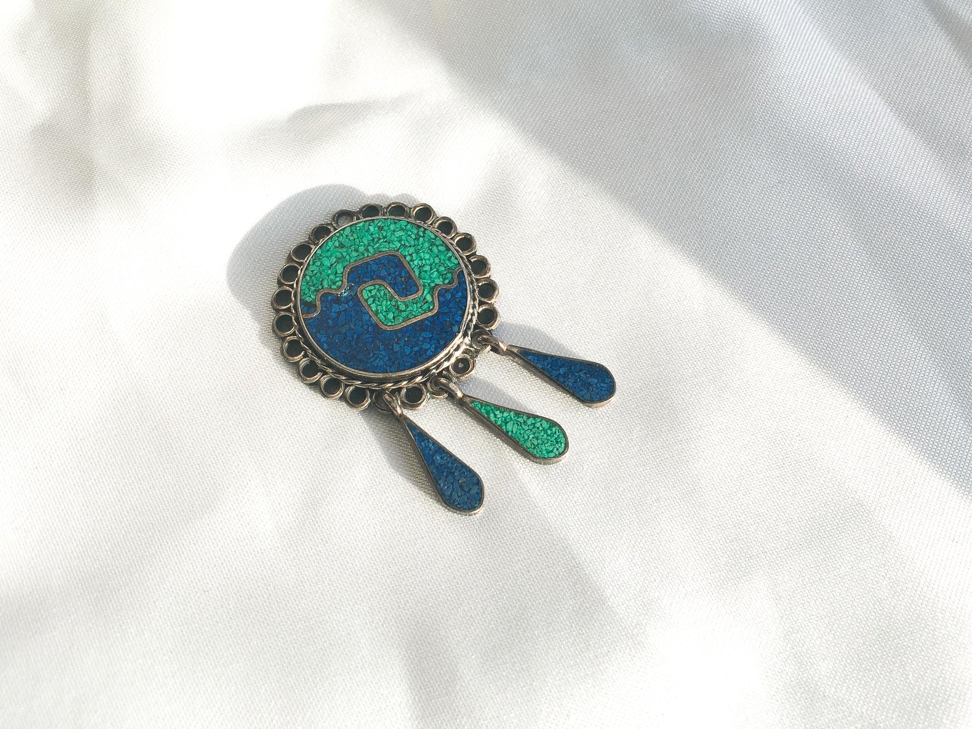 Vintage 925 Mexico Malachite and Turquoise Chip Inlay Pendant, Vintage Western Boho Navajo Jewelry