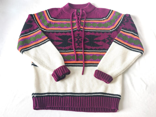 Vintage Campus Purple/Cream/Green/Orange Aztec Print Lace-Up Front Sweater, Approx. Men's M/L, Vintage Western Sweater