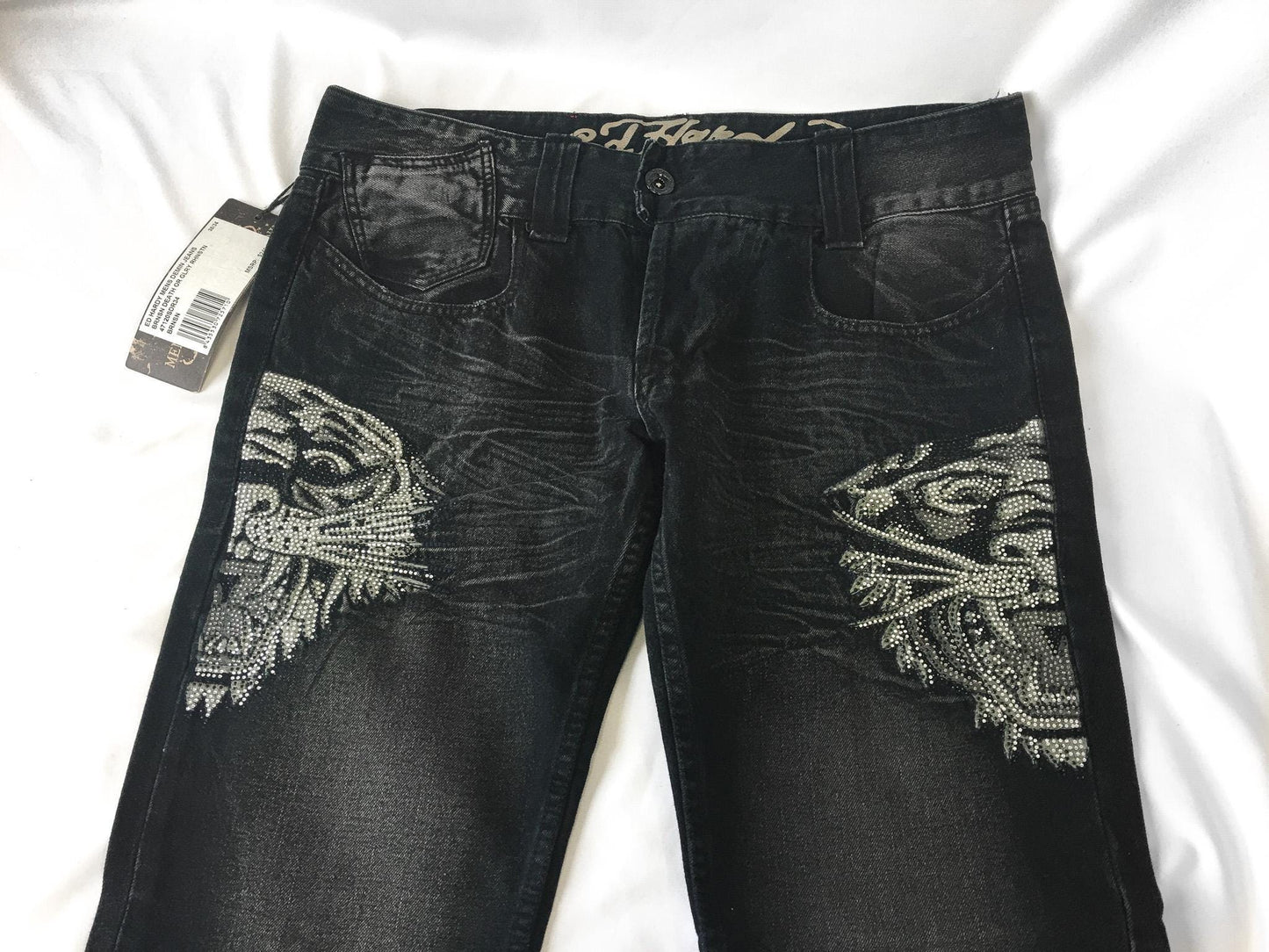 NWT Ed Hardy Black Rhinestone Tiger Straight Leg Jeans, Men's Sz. 38" x 31", Vintage Y2K 00s Jeans