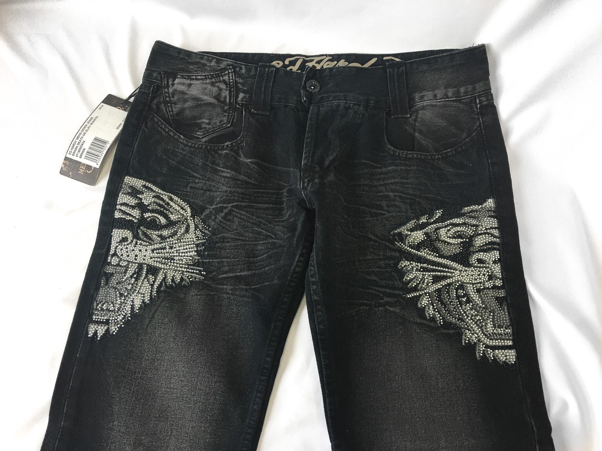 NWT Ed Hardy Black Rhinestone Tiger Straight Leg Jeans, Men's Sz. 38" x 31", Vintage Y2K 00s Jeans