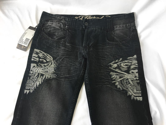 NWT Ed Hardy Black Rhinestone Tiger Straight Leg Jeans, Men's Sz. 38" x 31", Vintage Y2K 00s Jeans