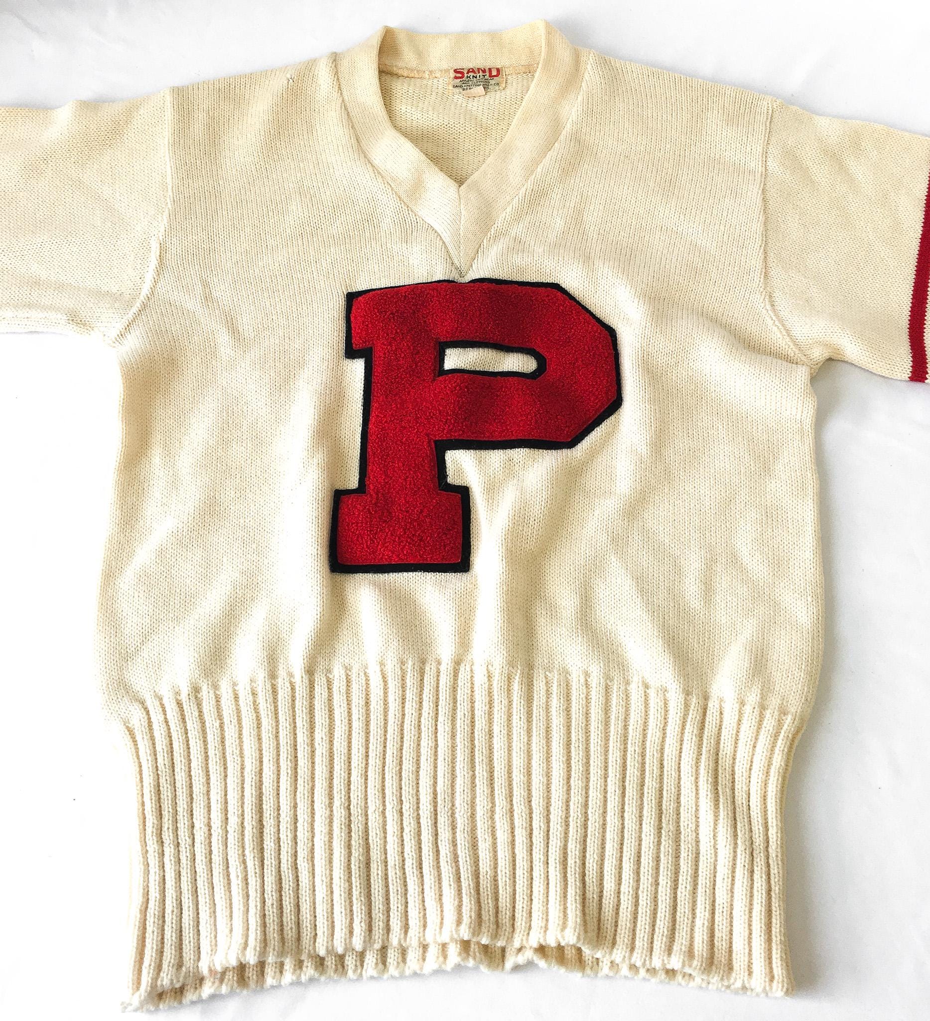 Vintage 50s Sand Knit Cream/Off-White Red "P" Letter V-Neck Wool Sweater, Women's Sz. 40, Vintage Preppy Sweater