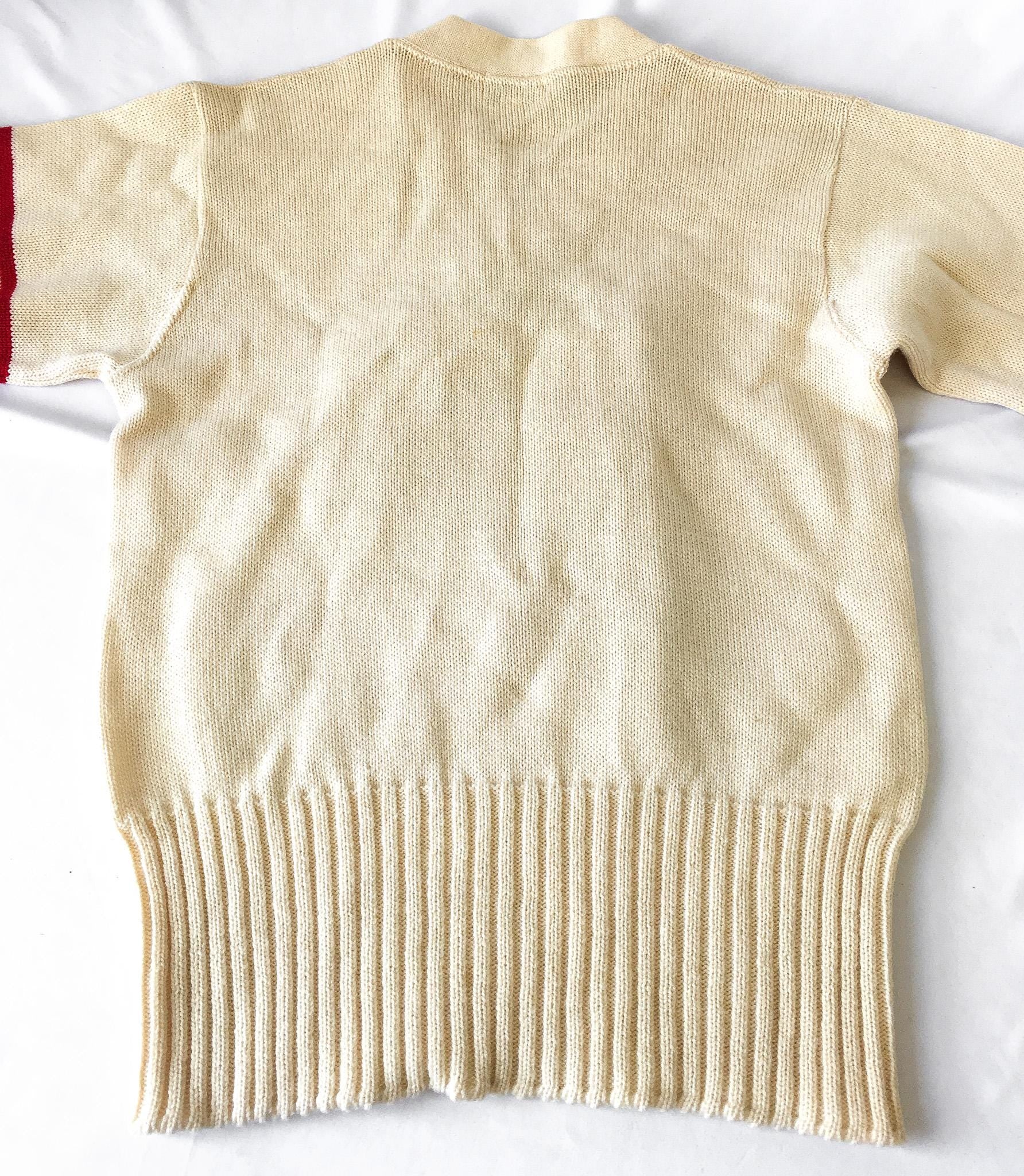 Vintage 50s Sand Knit Cream/Off-White Red "P" Letter V-Neck Wool Sweater, Women's Sz. 40, Vintage Preppy Sweater