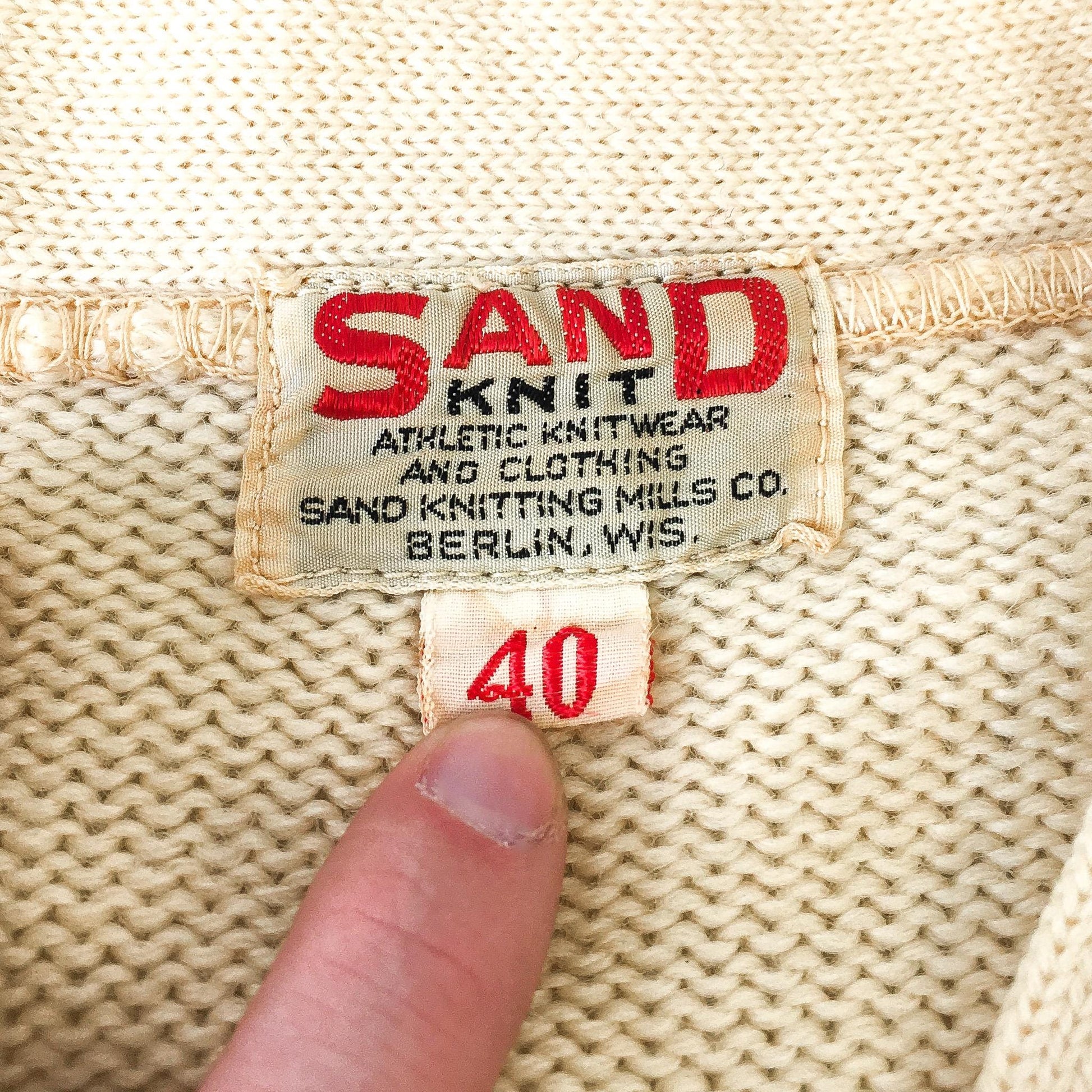 Vintage 50s Sand Knit Cream/Off-White Red "P" Letter V-Neck Wool Sweater, Women's Sz. 40, Vintage Preppy Sweater