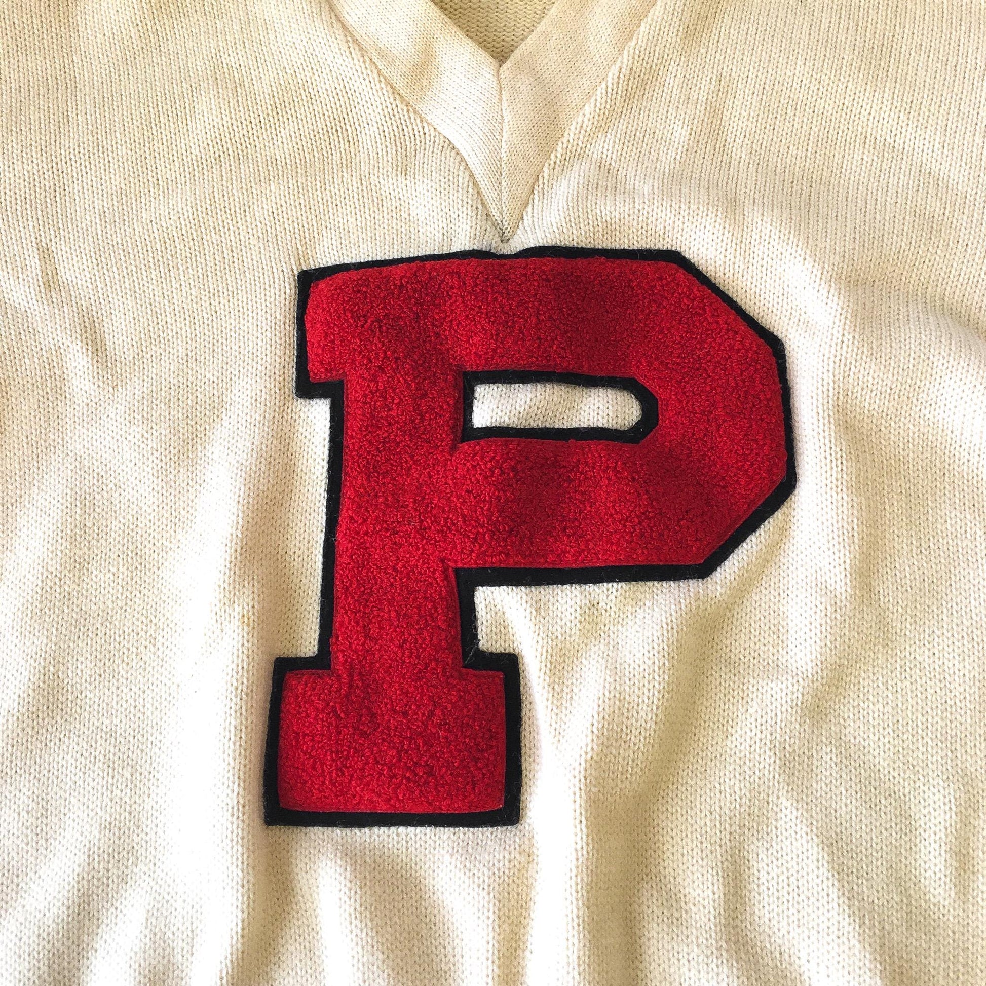 Vintage 50s Sand Knit Cream/Off-White Red "P" Letter V-Neck Wool Sweater, Women's Sz. 40, Vintage Preppy Sweater