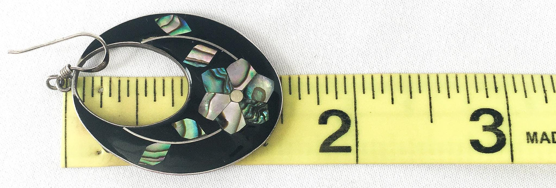 Vintage 925 Mexico Black Abalone Shell Floral Dangle Earrings, 1.5", Vintage Navajo Boho Jewelry