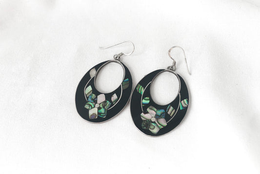 Vintage 925 Mexico Black Abalone Shell Floral Dangle Earrings, 1.5", Vintage Navajo Boho Jewelry