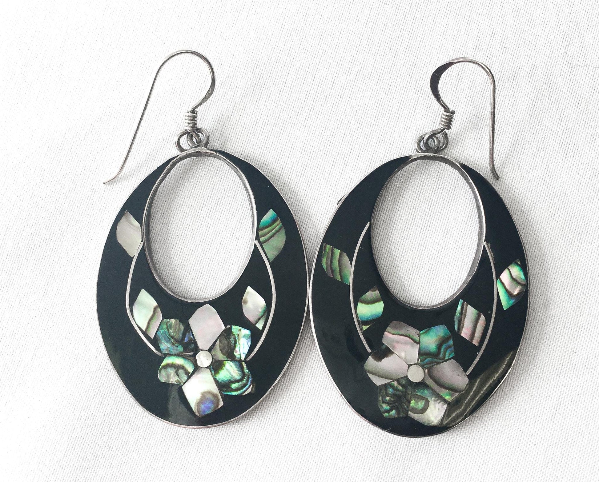 Vintage 925 Mexico Black Abalone Shell Floral Dangle Earrings, 1.5", Vintage Navajo Boho Jewelry