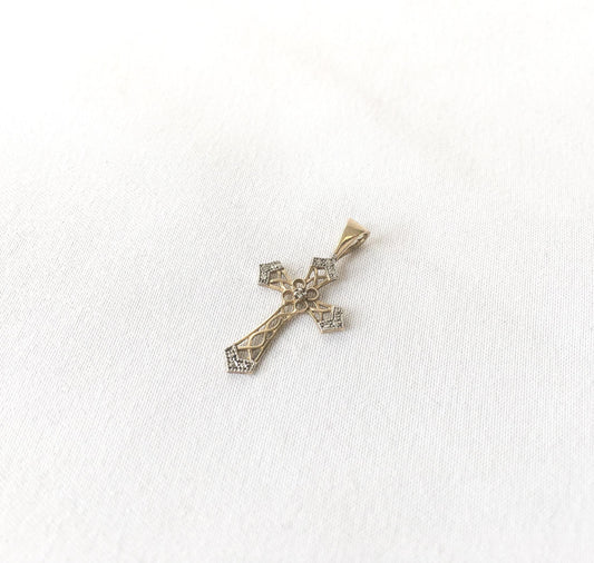 Vintage 10K Gold White Topaz Accent Cross Pendant, 1", Simple Dainty Everyday Cross Necklace