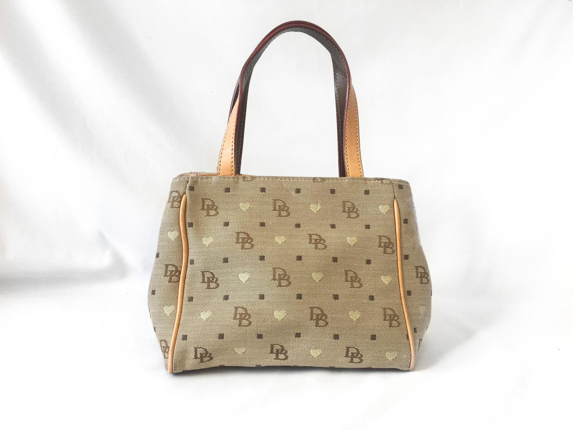 00s Dooney and Bourke Beige/Taupe Monogram Heart Canvas Top Handle Bag with Detachable Crossbody Strap, Y2K Dooney and Bourke Handbag